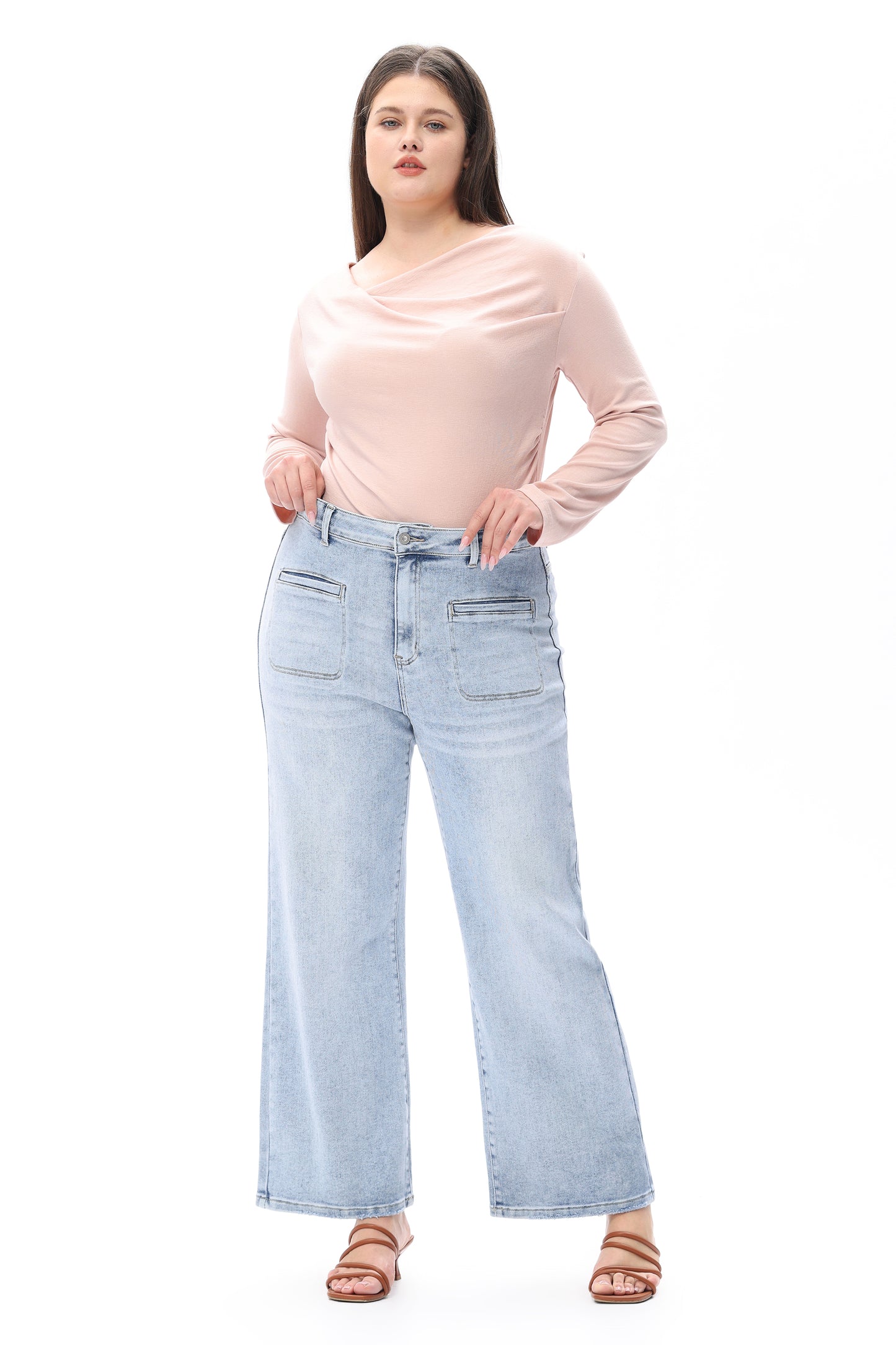 Plus Size High Rise Straight Jeans Front Patch Pockets OST5023-P
