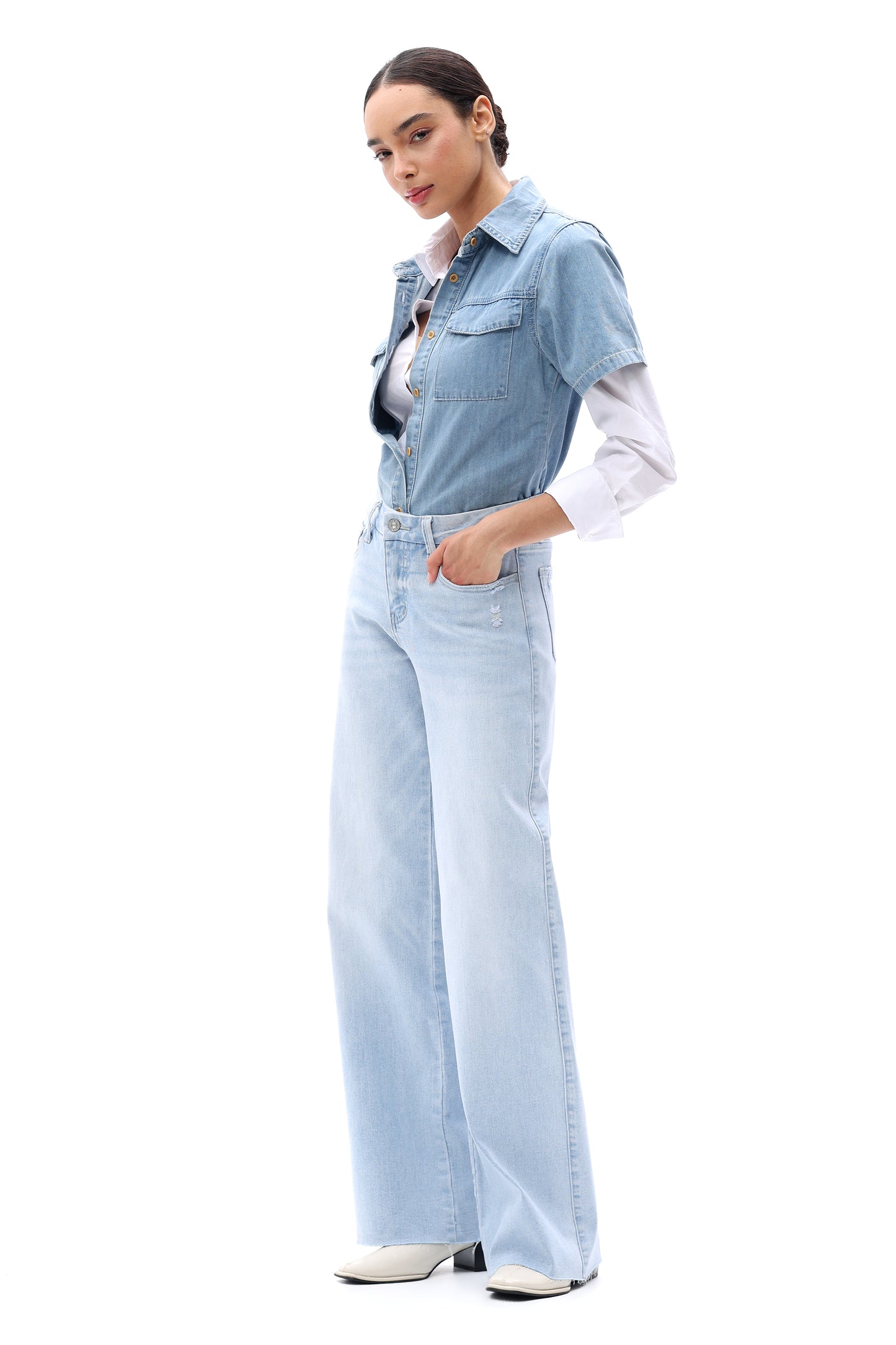 Mid Rise Wide Leg Jeans Raw Hem Vintage Denim OSW8019