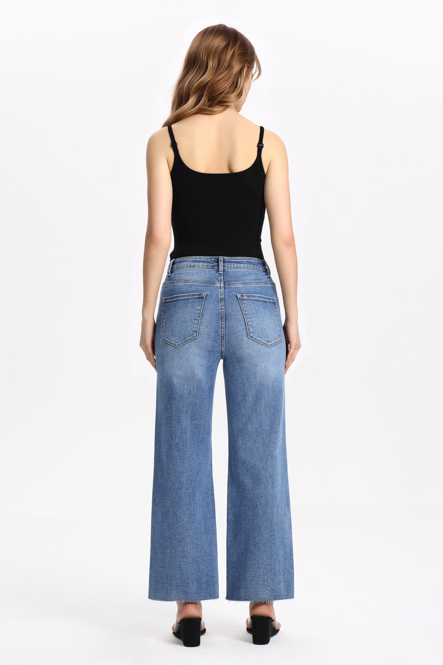 Cropped High Rise Wide Leg Jeans with Button-Fly Raw Hem OSN003