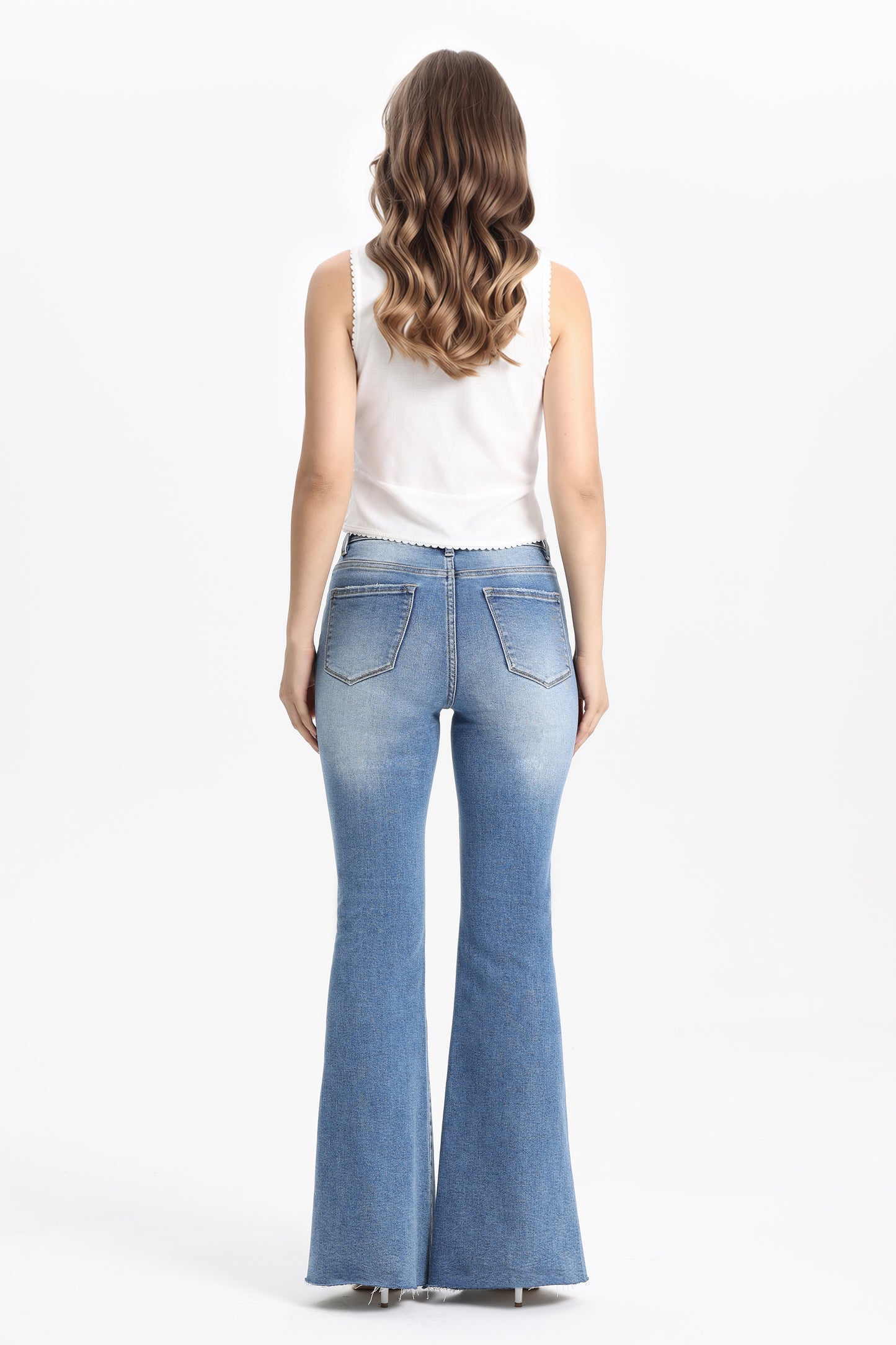 High Rise Flare Jeans with Split Raw-Edge Cuffs OSF1100