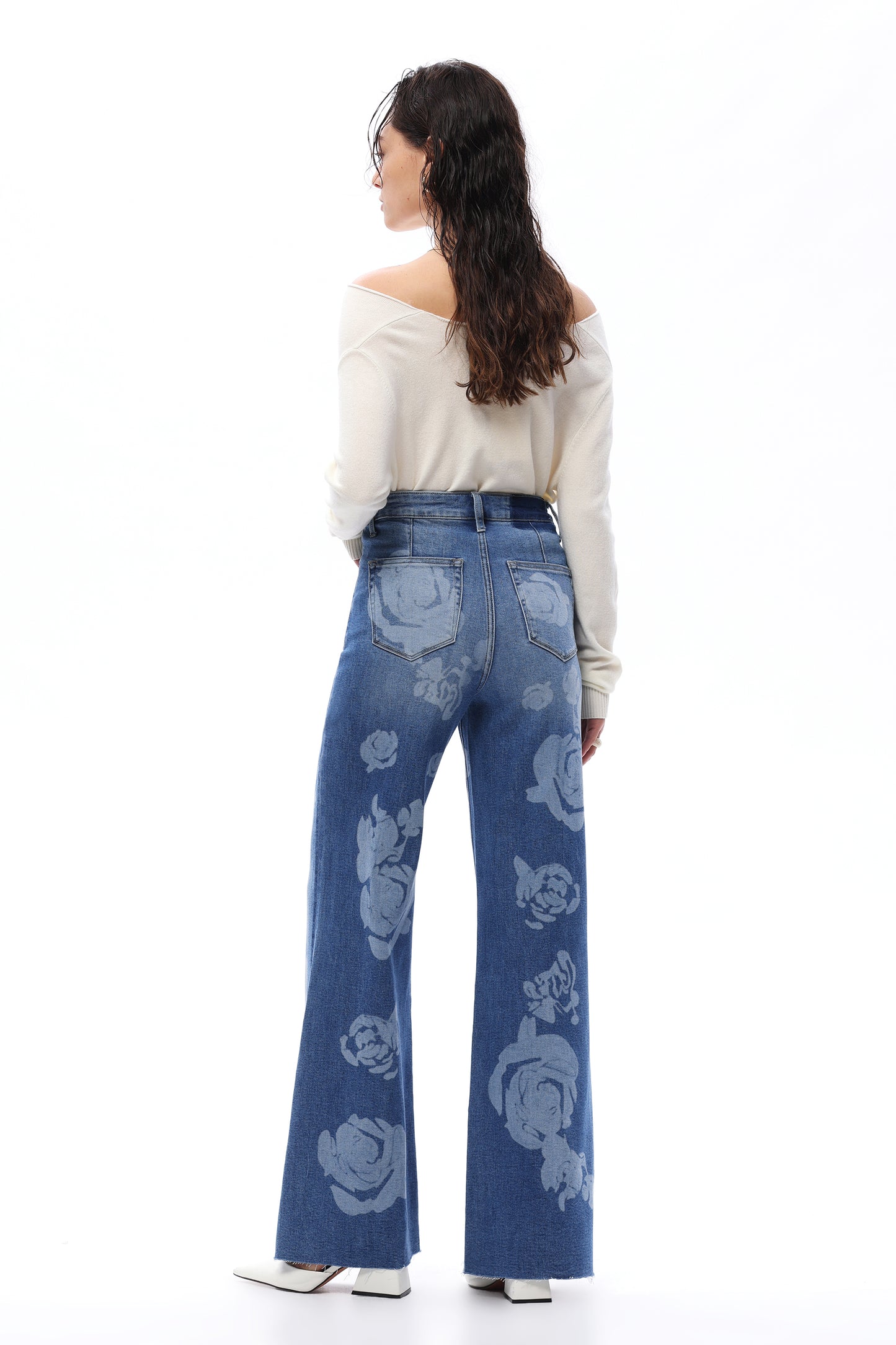 SUPER HIGH RISE WIDE LEG DENIM JEANS WITH FLORAL PRINT OSW8101-2 MEDIUM BLUE