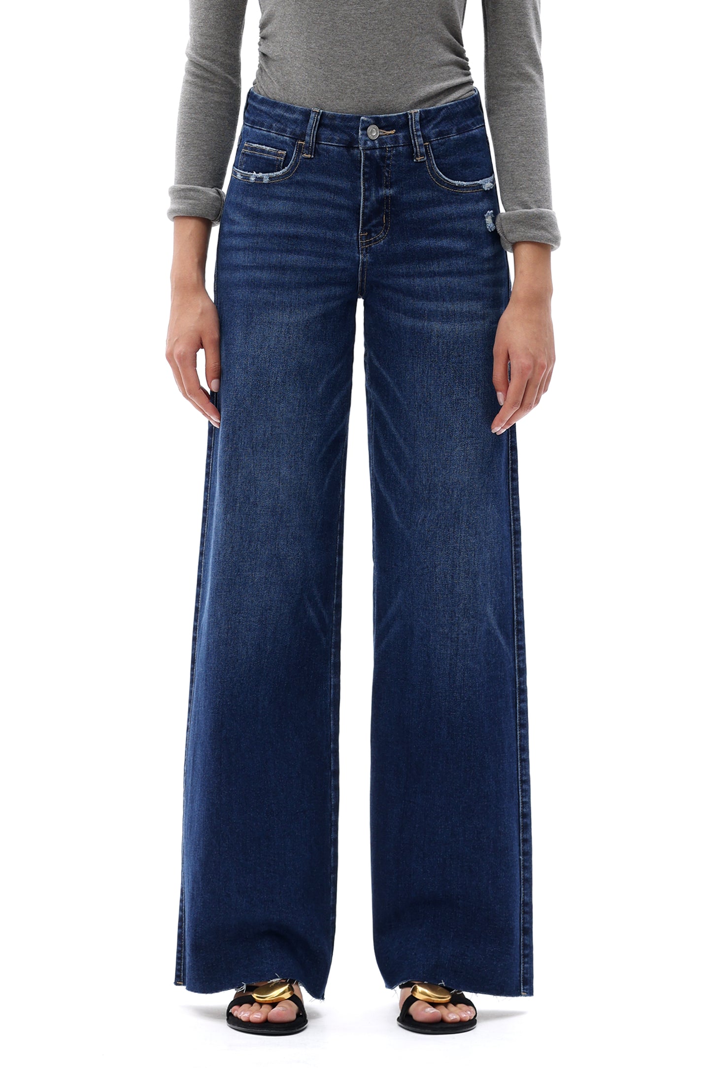 Mid Rise Wide Leg Jeans Raw Hem Vintage Denim OSW8019