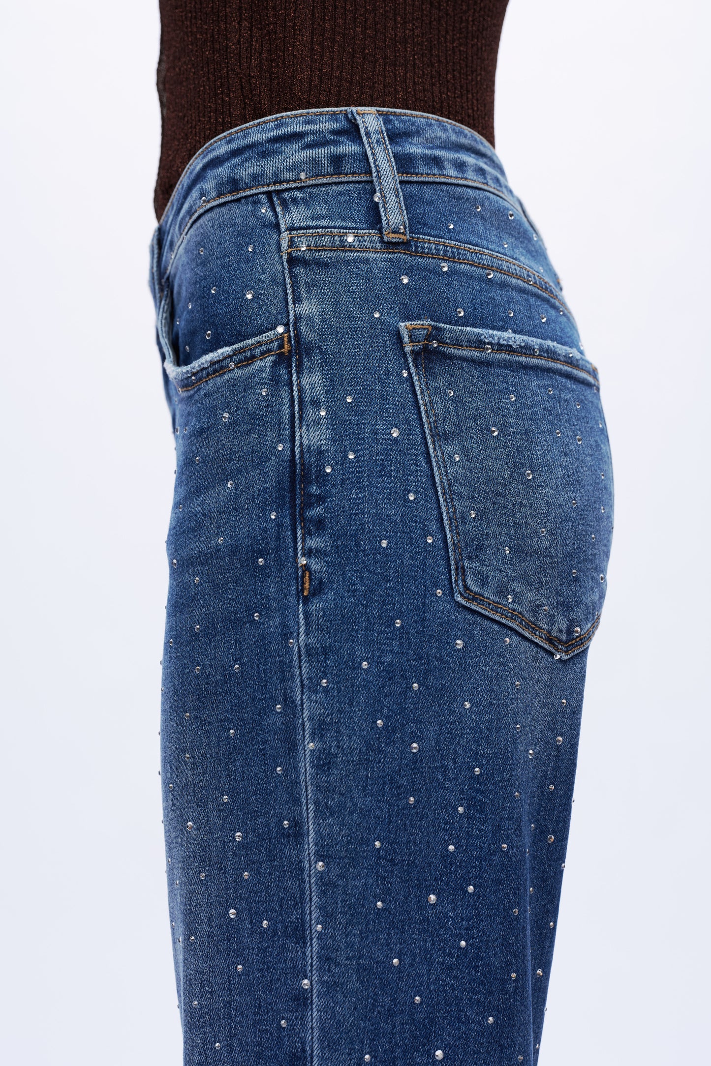 High Rise Rhinestone Wide Leg Jeans OSWM8008