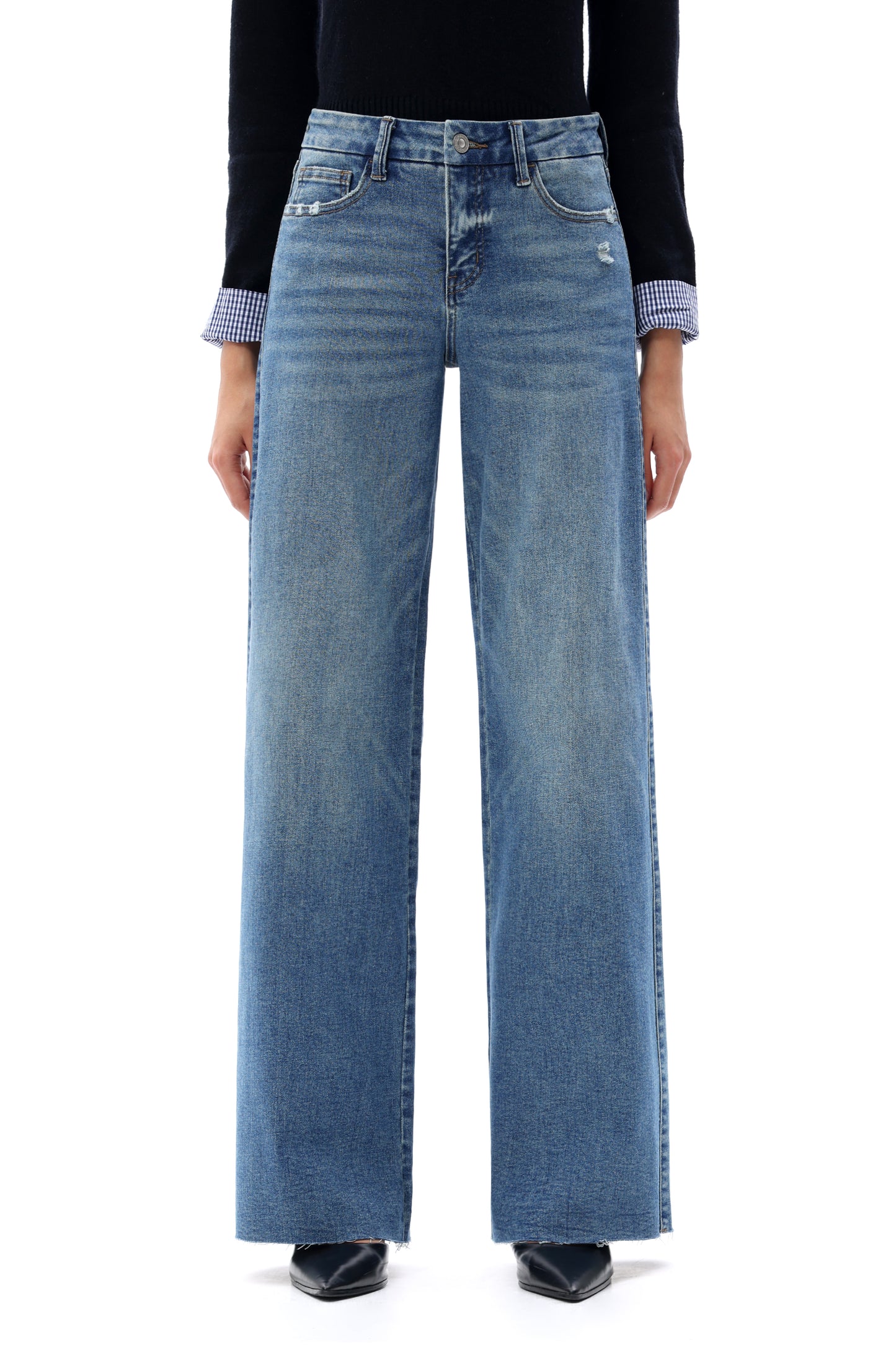 Mid Rise Wide Leg Jeans Raw Hem Vintage Denim OSW8019