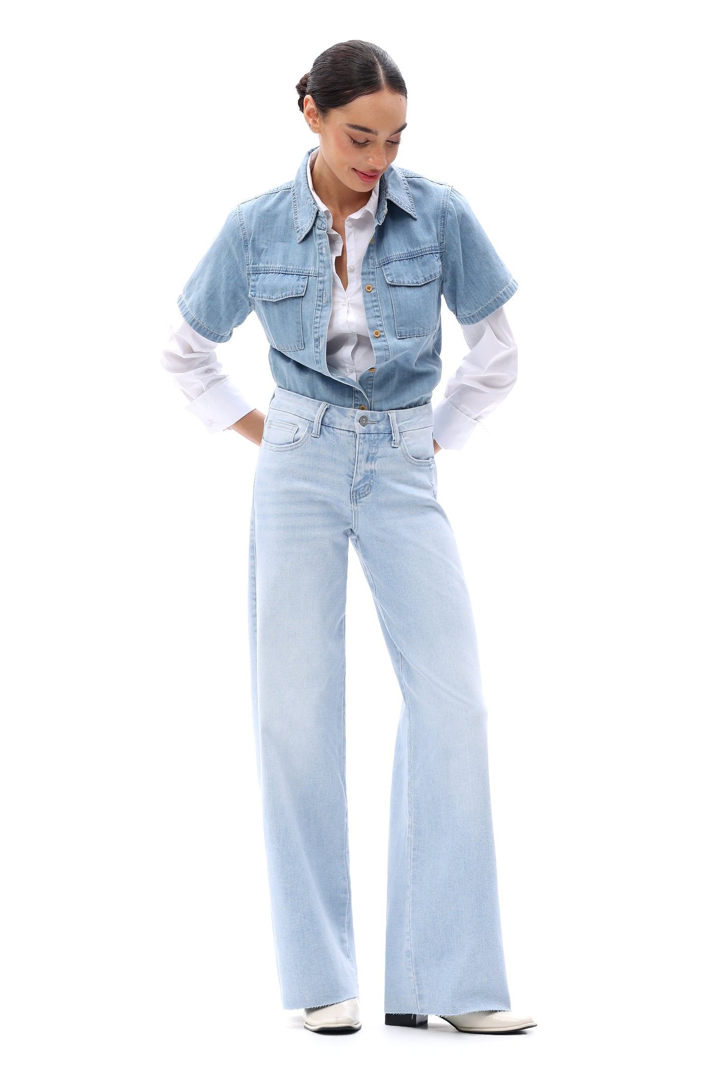 Mid Rise Wide Leg Jeans Raw Hem Vintage Denim OSW8019