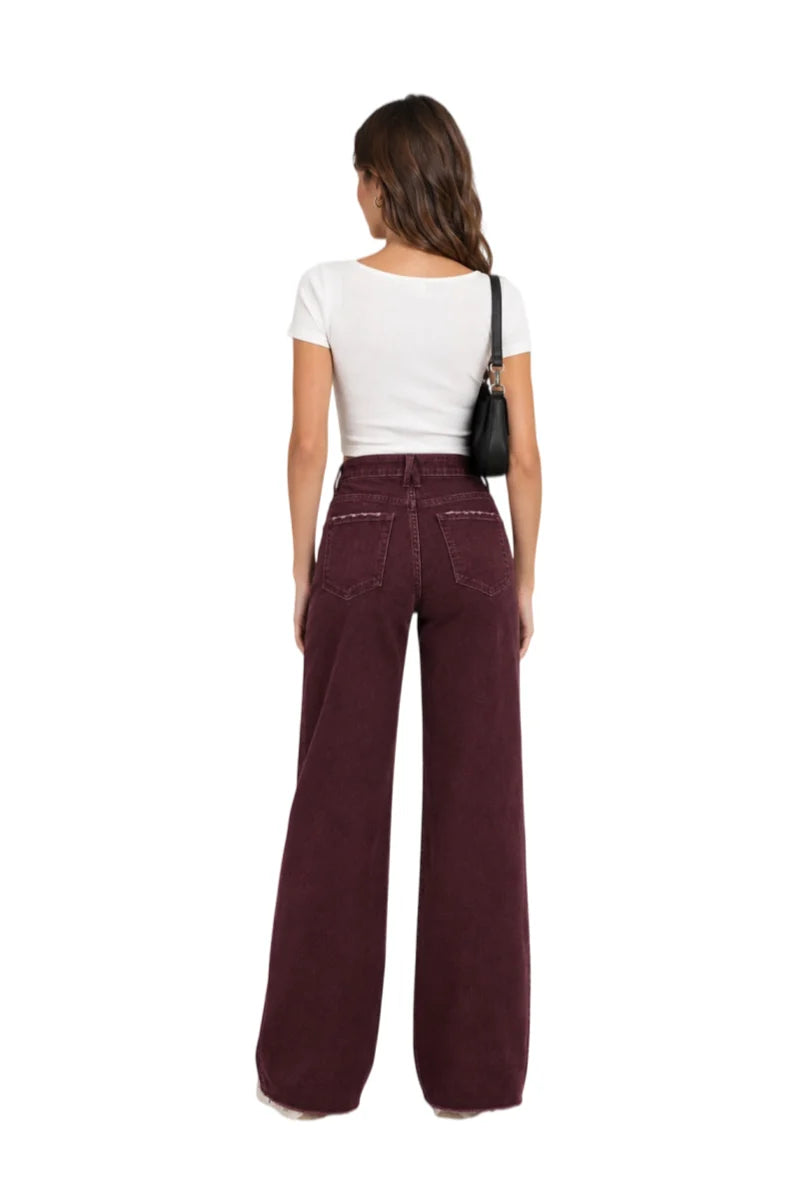 High Rise Burgundy Wide Leg Jeans