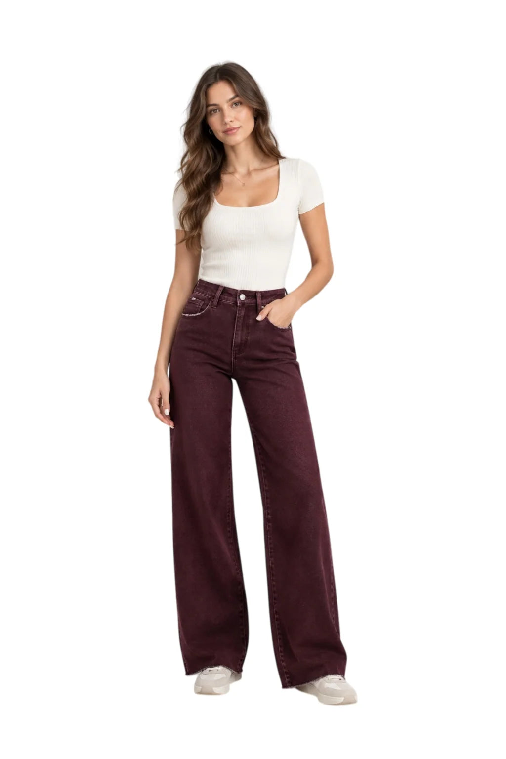 High Rise Burgundy Wide Leg Jeans