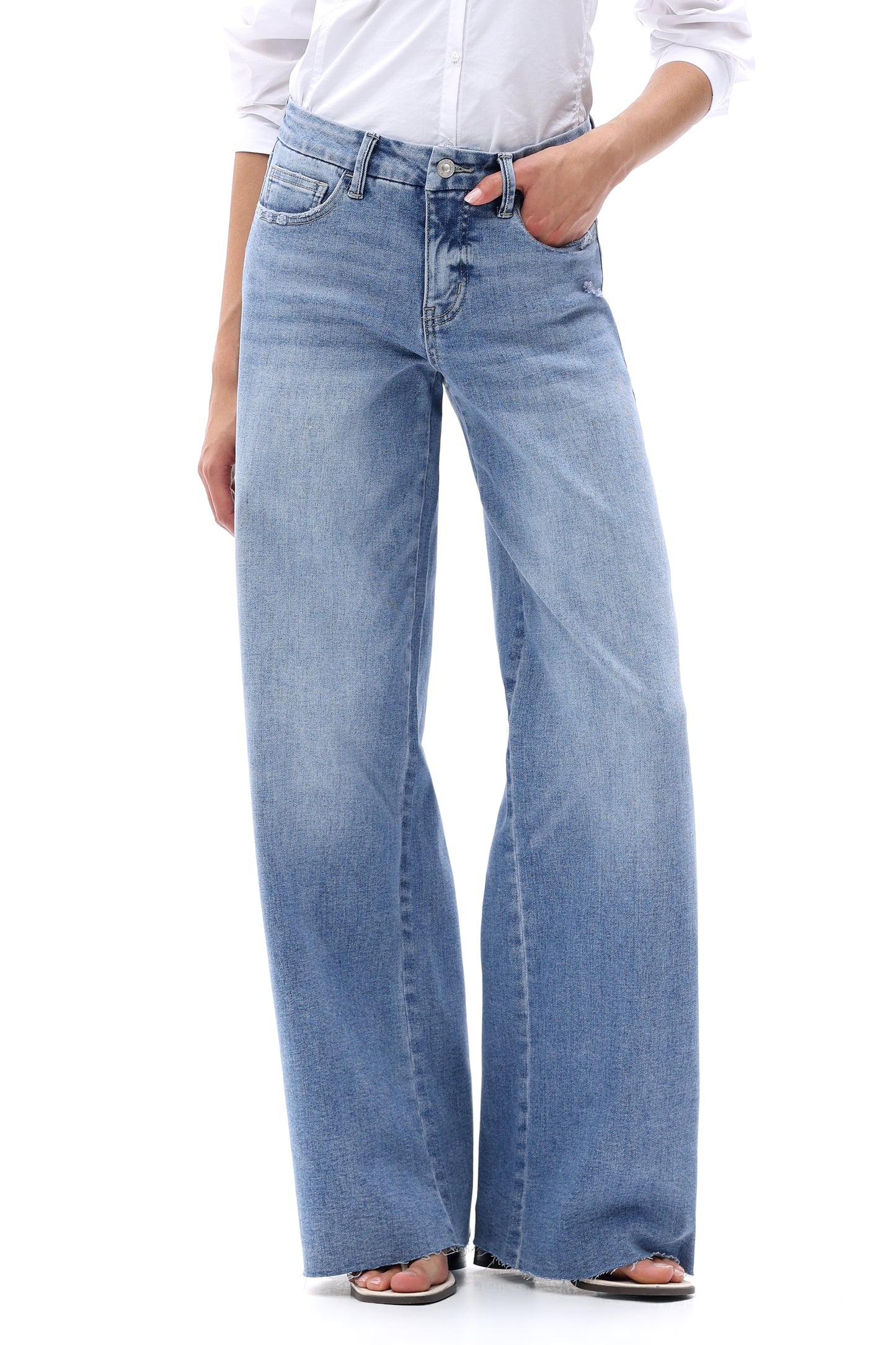 Mid Rise Wide Leg Jeans Raw Hem Vintage Denim OSW8019