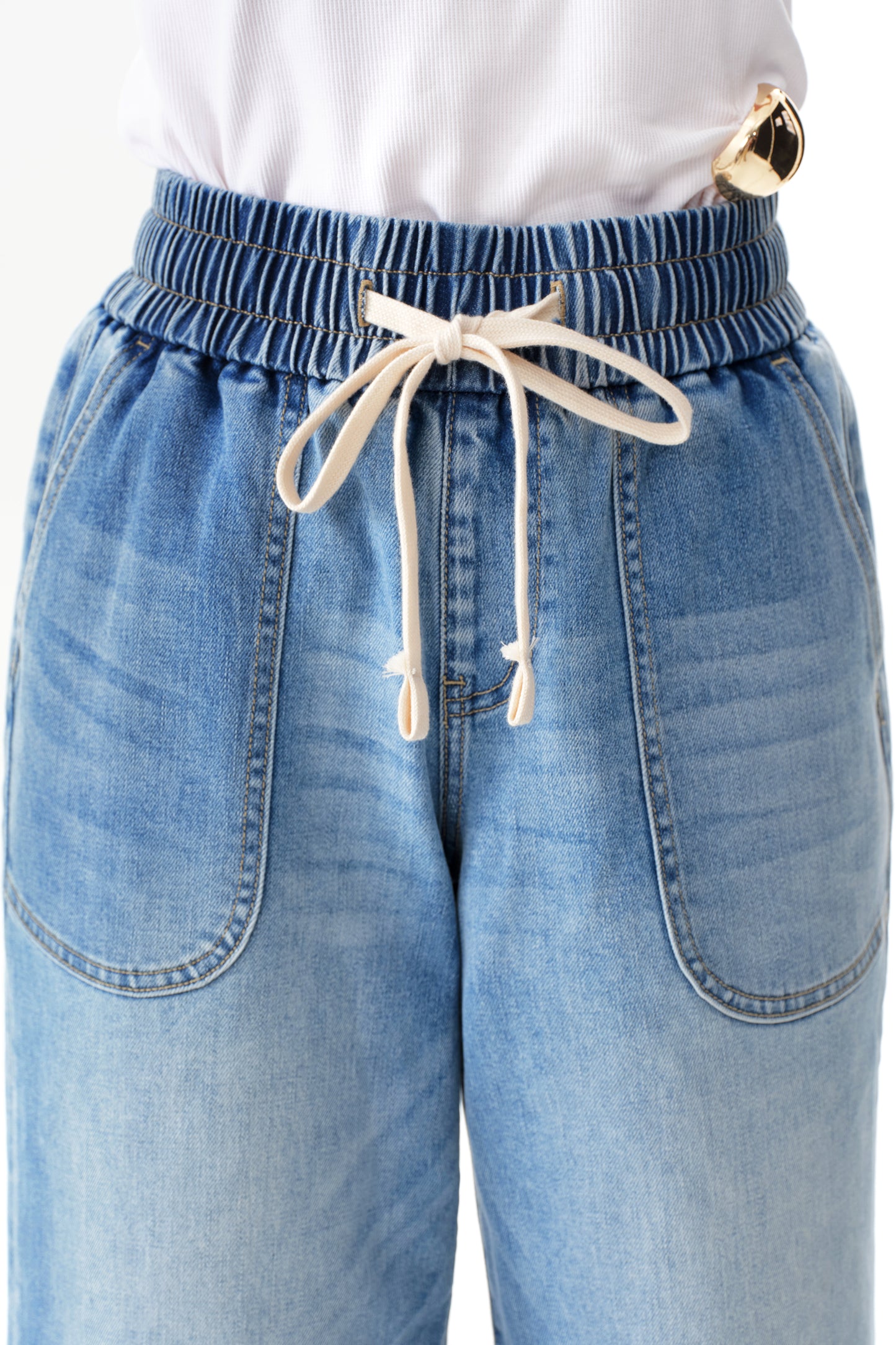 High Rise Drawstring Wide Leg Denim Jeans OSGG001