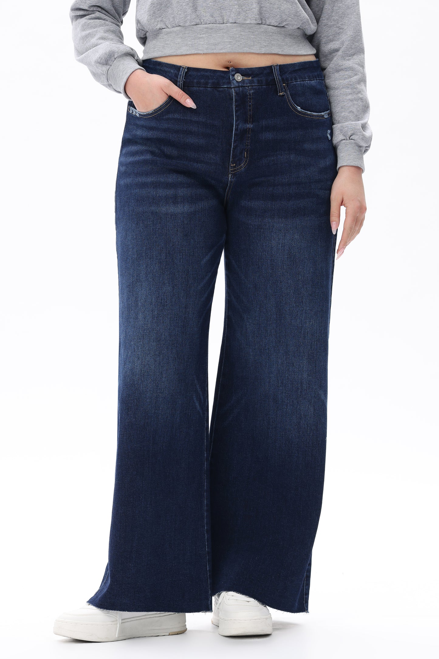 MID RISE WIDE LEG JEANS RAW HEM VINTAGE DENIM OSW8019-P