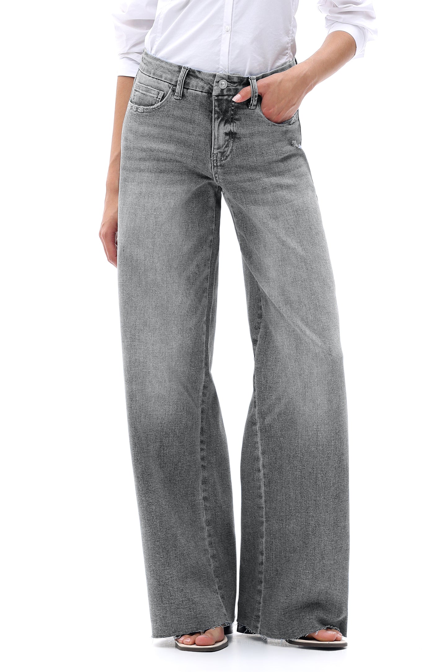 Mid Rise Wide Leg Jeans Raw Hem Vintage Denim OSW8019