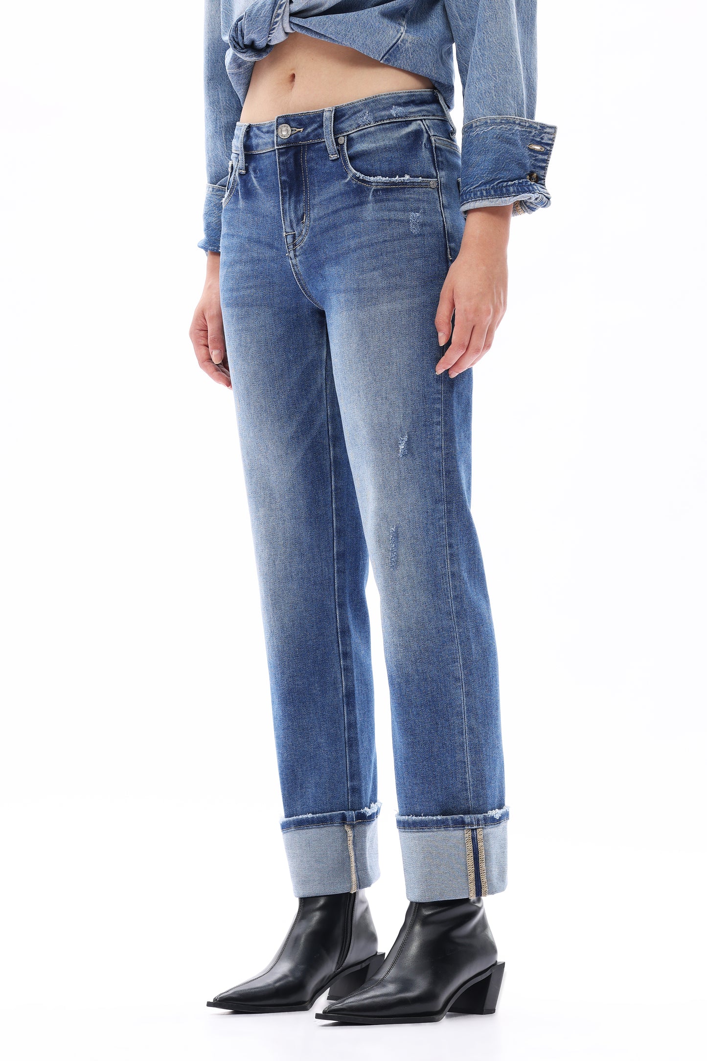 MID RISE CUFFED STRAIGHT DENIM JEANS OST5025 MDEIUM BLUE