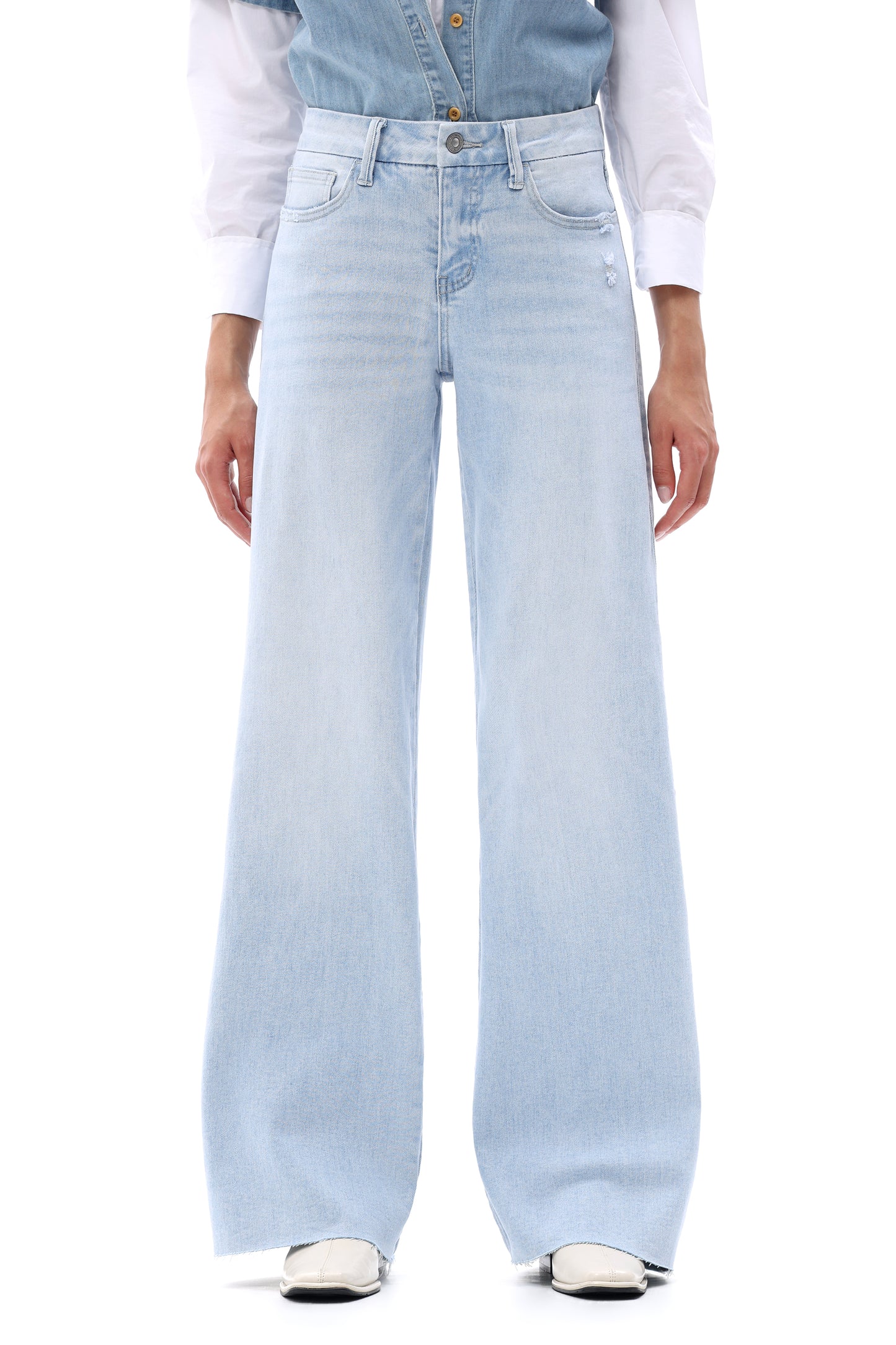 Mid Rise Wide Leg Jeans Raw Hem Vintage Denim OSW8019