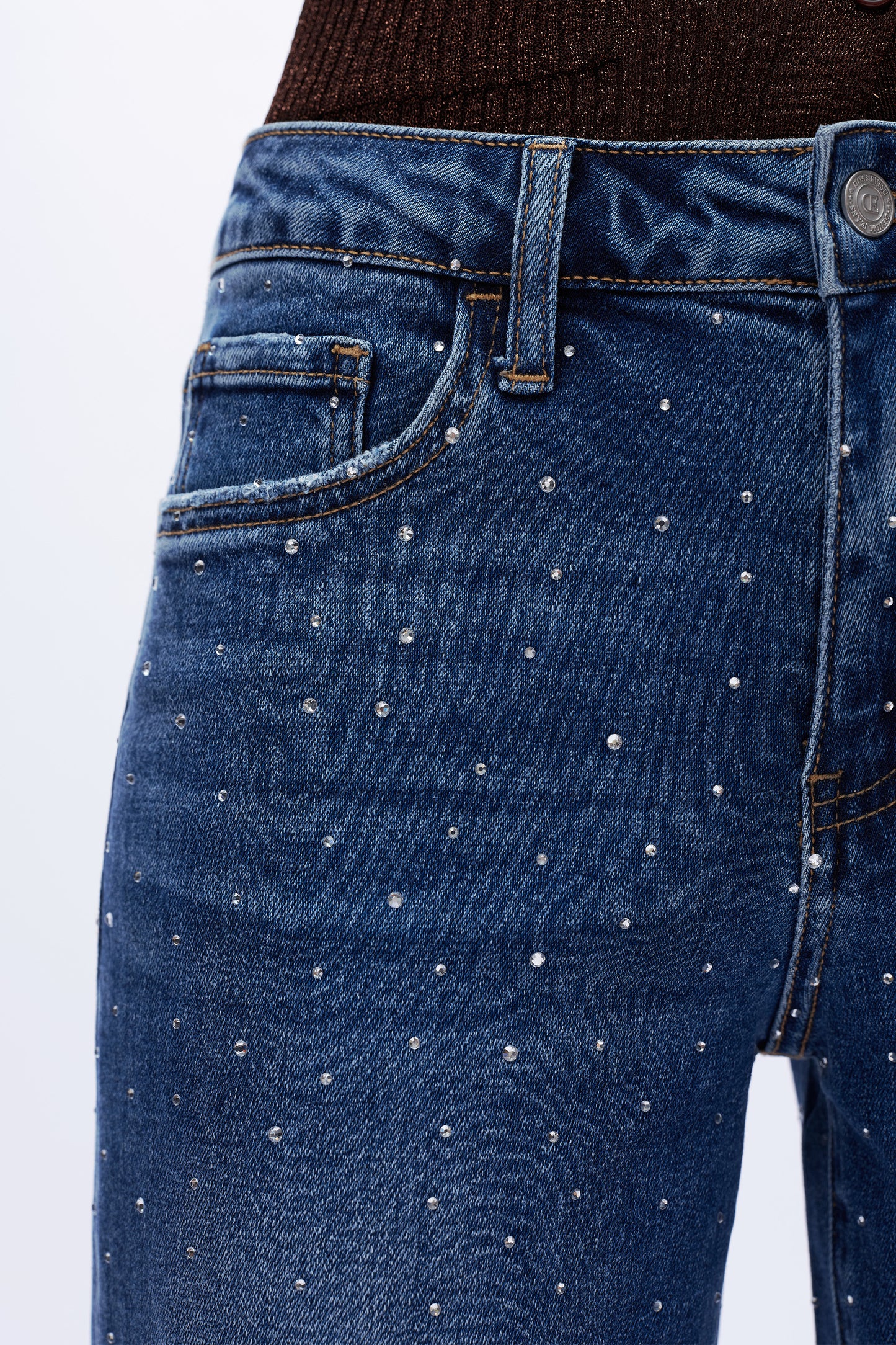 High Rise Rhinestone Wide Leg Jeans OSWM8008
