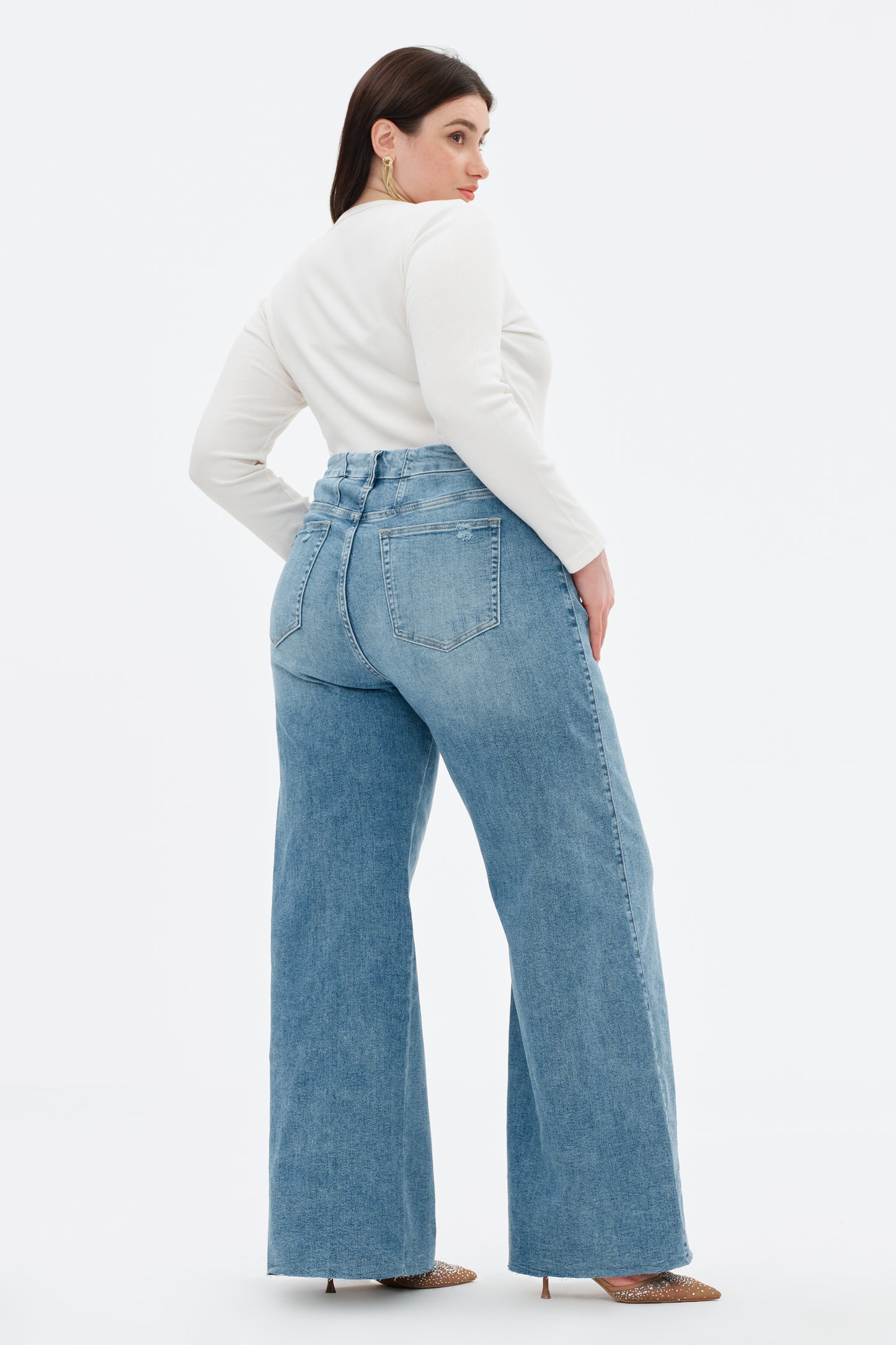 Plus Size Mid Rise Wide Leg Jeans Raw Hem Vintage OSW8019-P