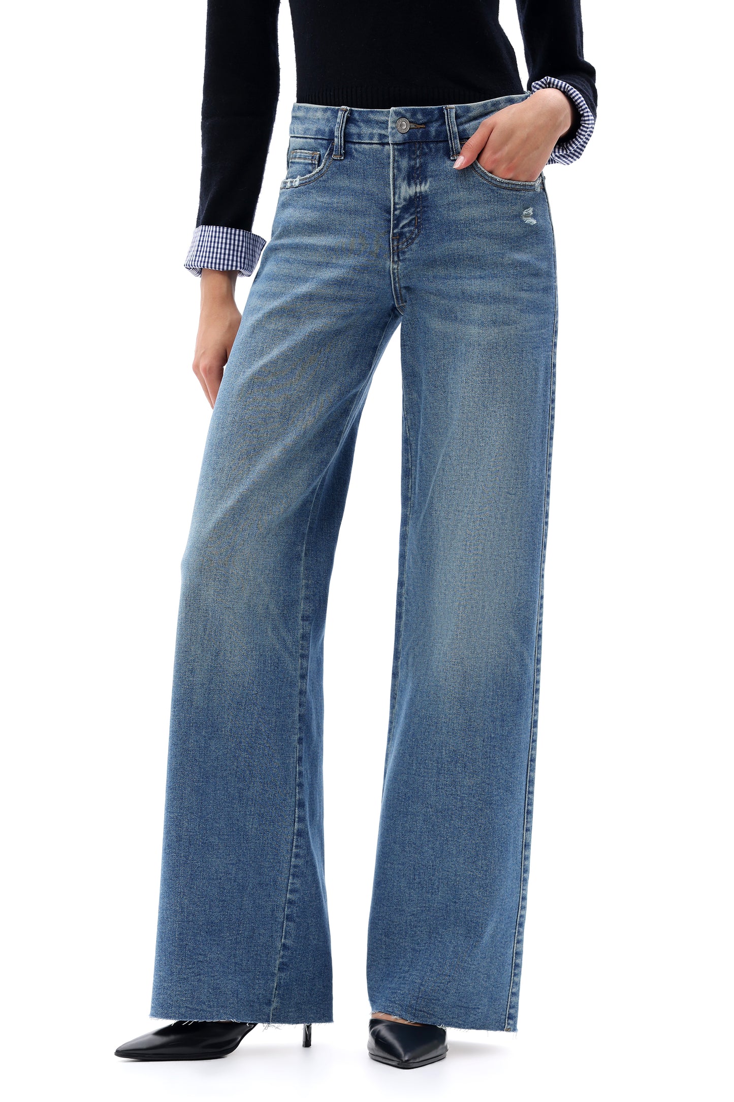Mid Rise Wide Leg Jeans Raw Hem Vintage Denim OSW8019