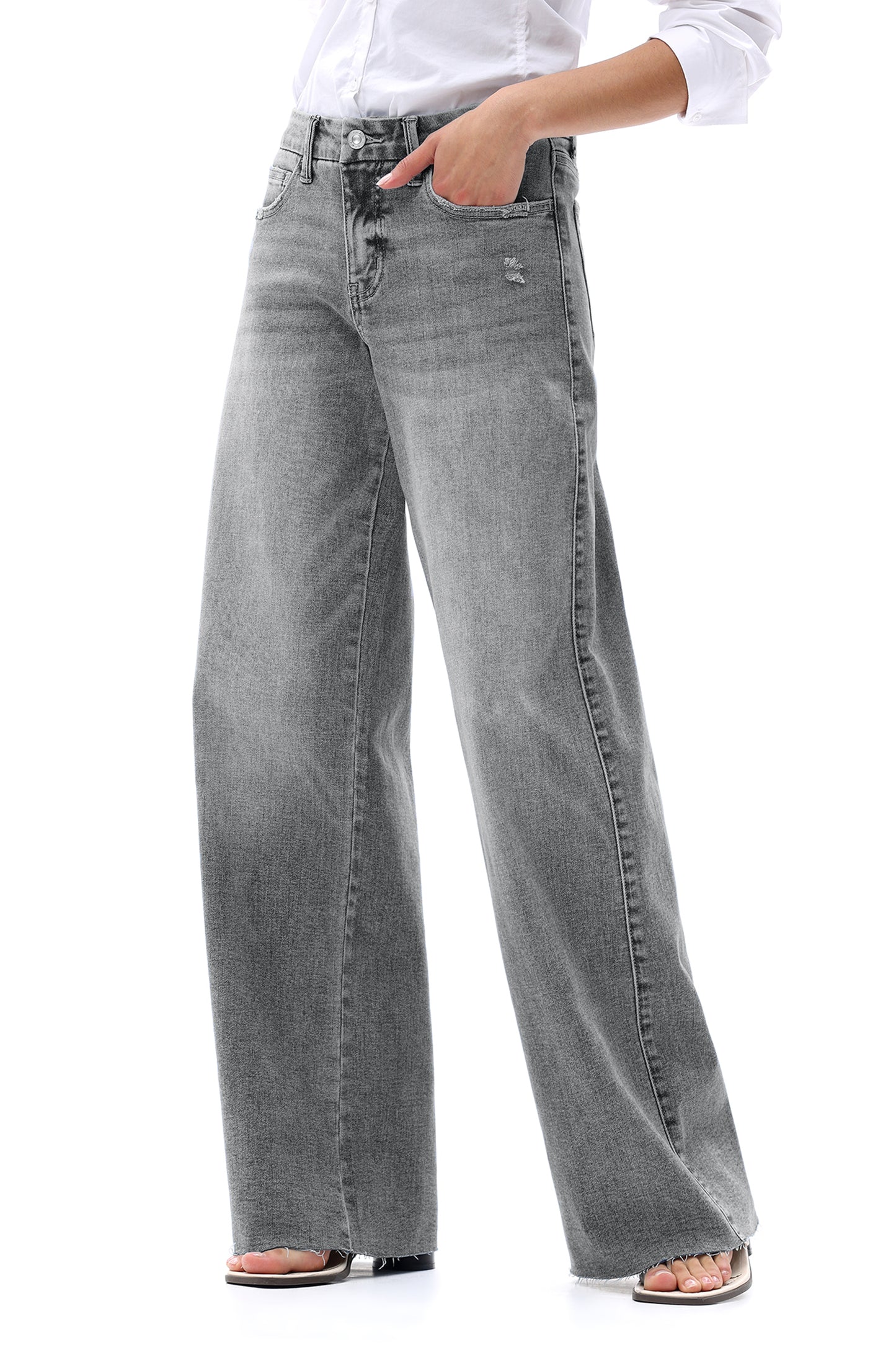 Mid Rise Wide Leg Jeans Raw Hem Vintage Denim OSW8019