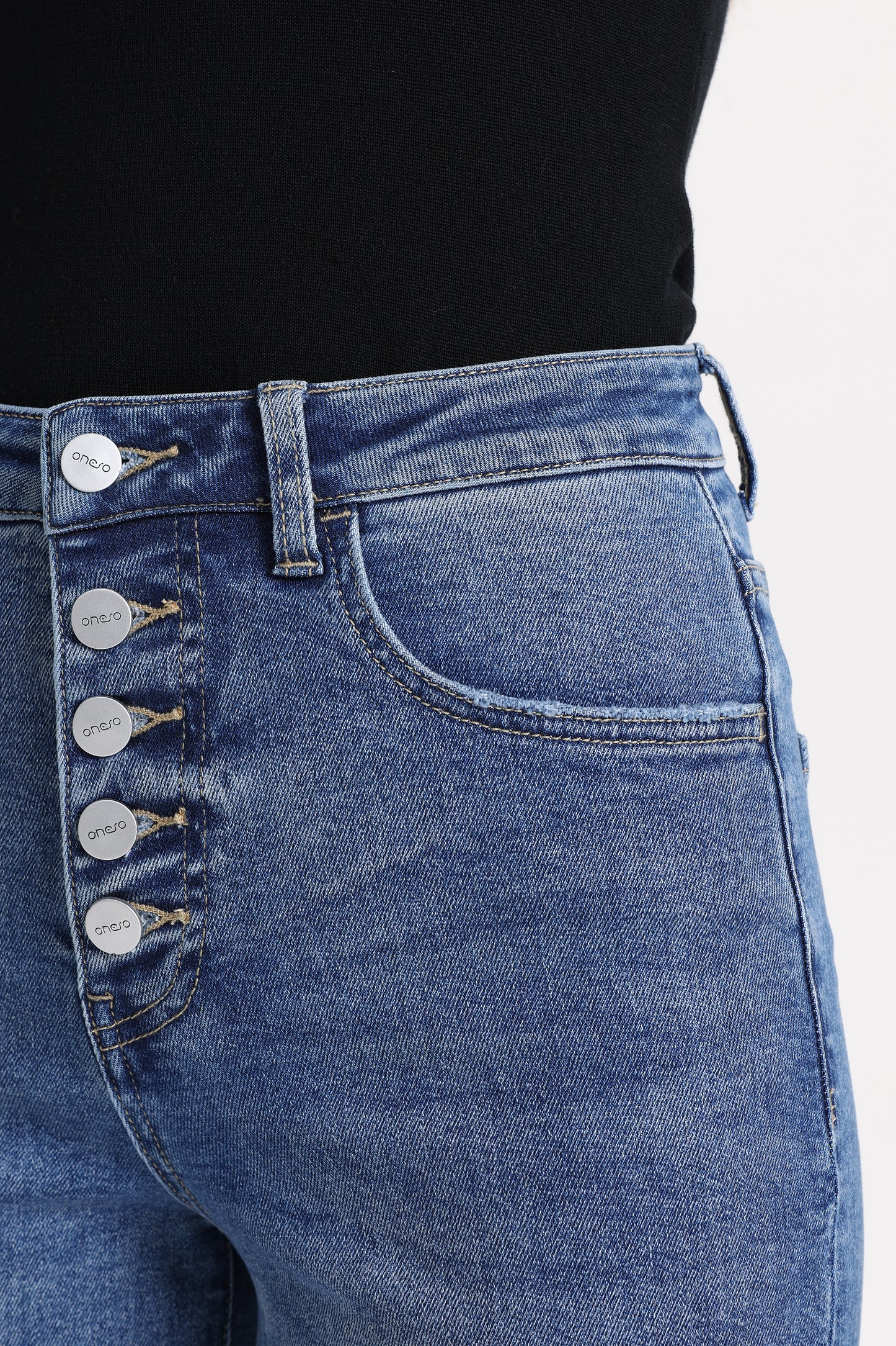 Cropped High Rise Wide Leg Jeans with Button-Fly Raw Hem OSN003