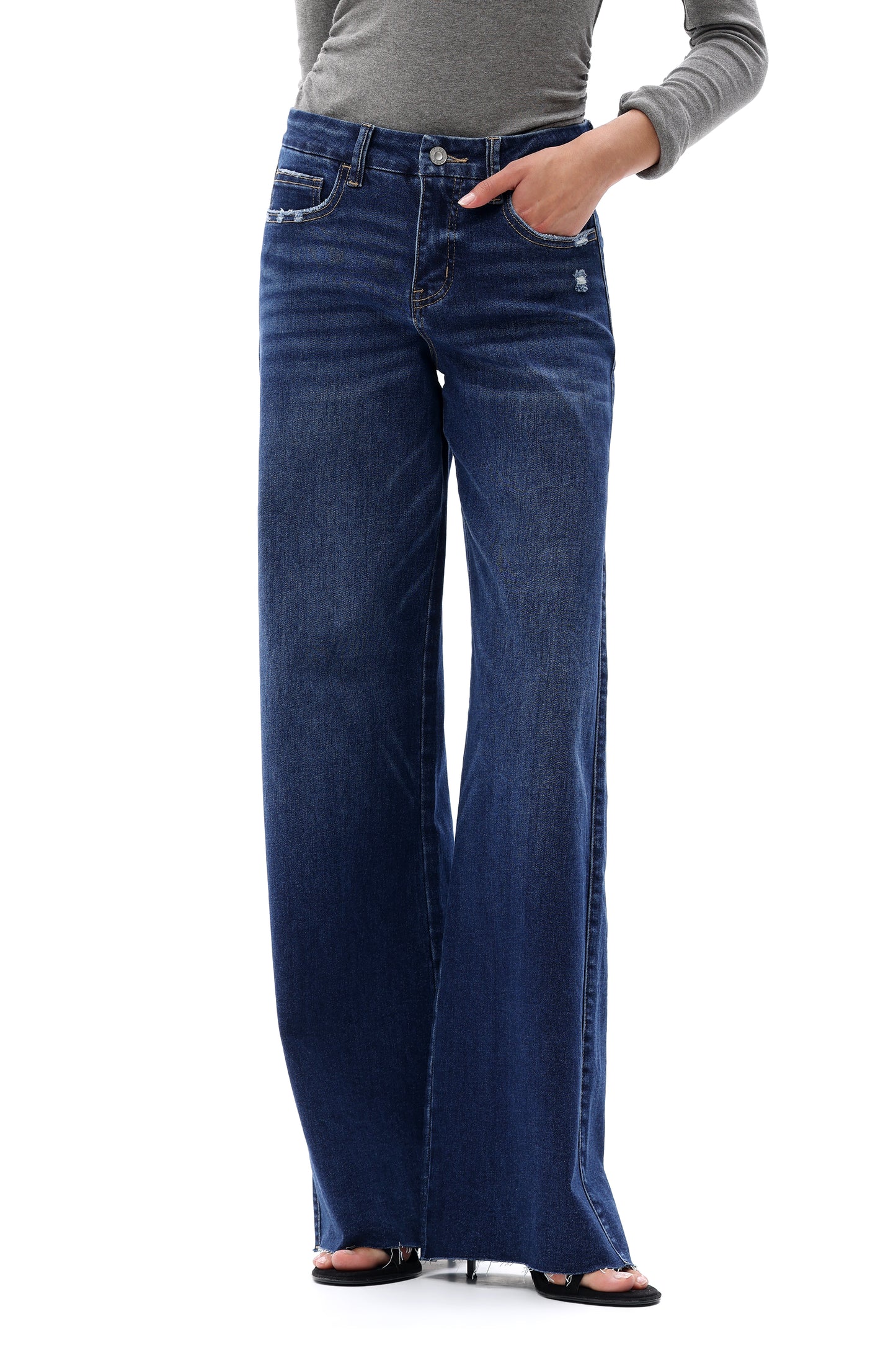 Mid Rise Wide Leg Jeans Raw Hem Vintage Denim OSW8019