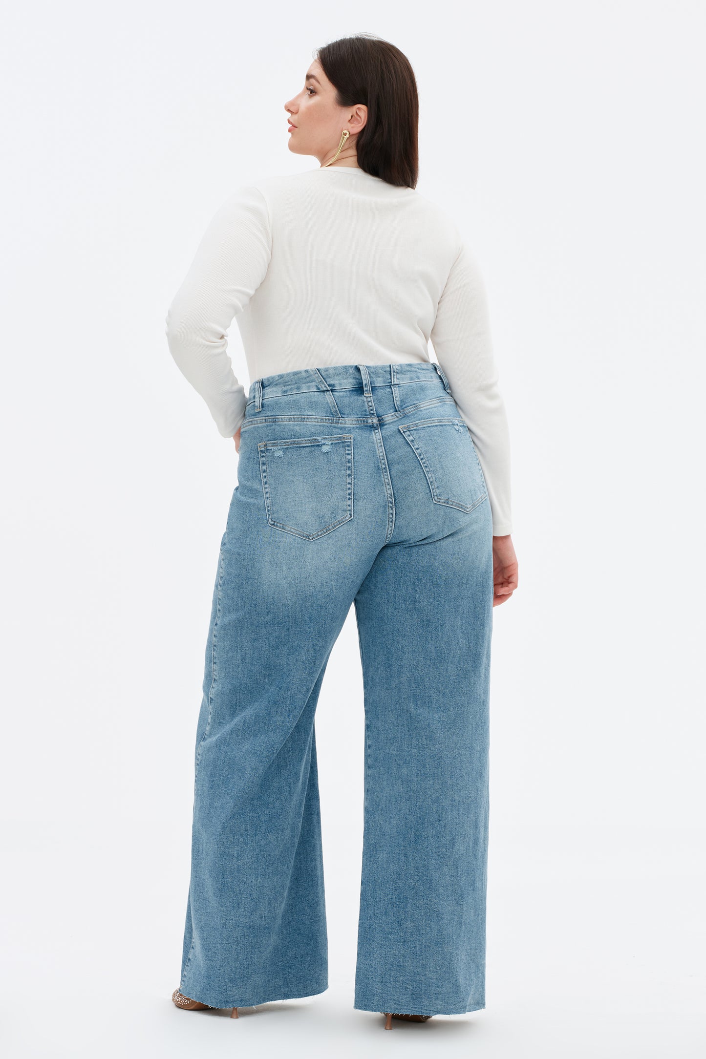 Plus Size Mid Rise Wide Leg Jeans Raw Hem Vintage OSW8019-P