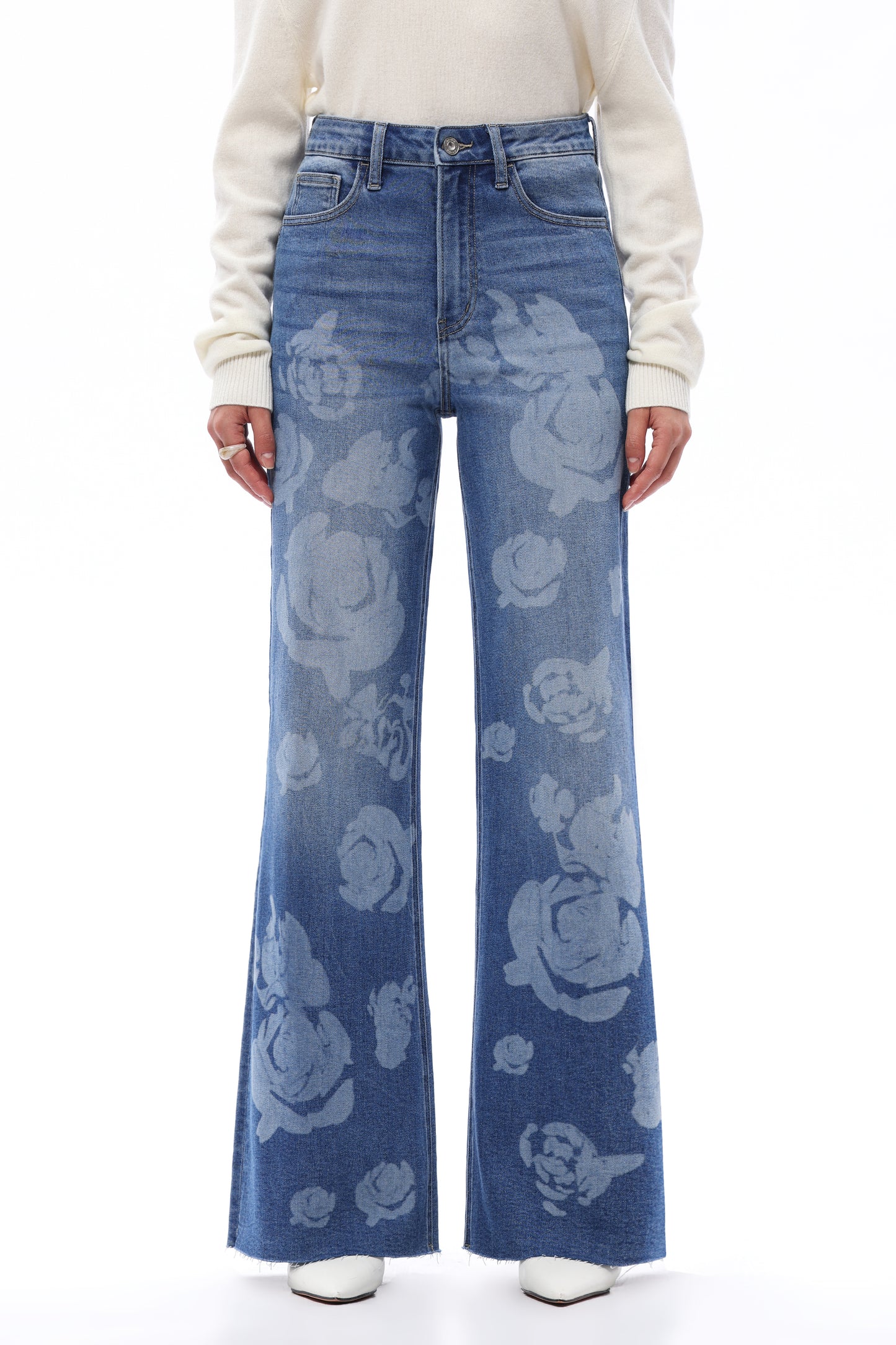 SUPER HIGH RISE WIDE LEG DENIM JEANS WITH FLORAL PRINT OSW8101-2 MEDIUM BLUE