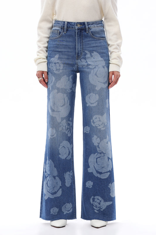 SUPER HIGH RISE WIDE LEG DENIM JEANS WITH FLORAL PRINT OSW8101-2 MEDIUM BLUE