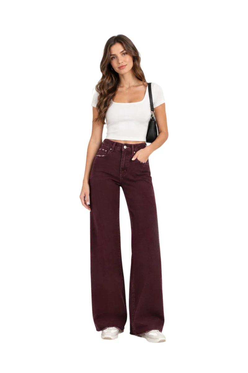 High Rise Burgundy Wide Leg Jeans