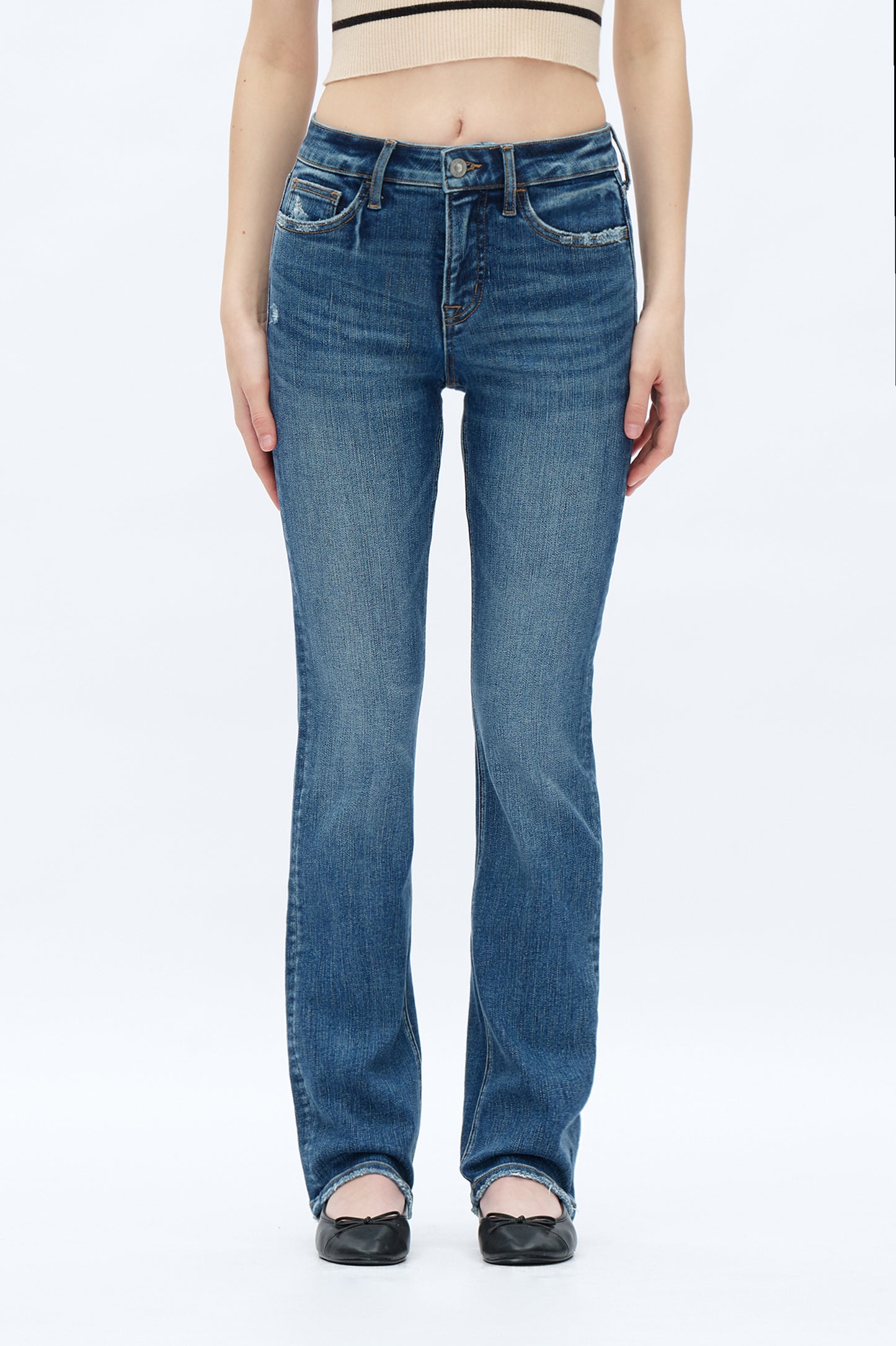 TUMMY CONTROL MID RISE STRAIGHT LEG DENIM JEANS MEDIUM BLUE OSTM5002