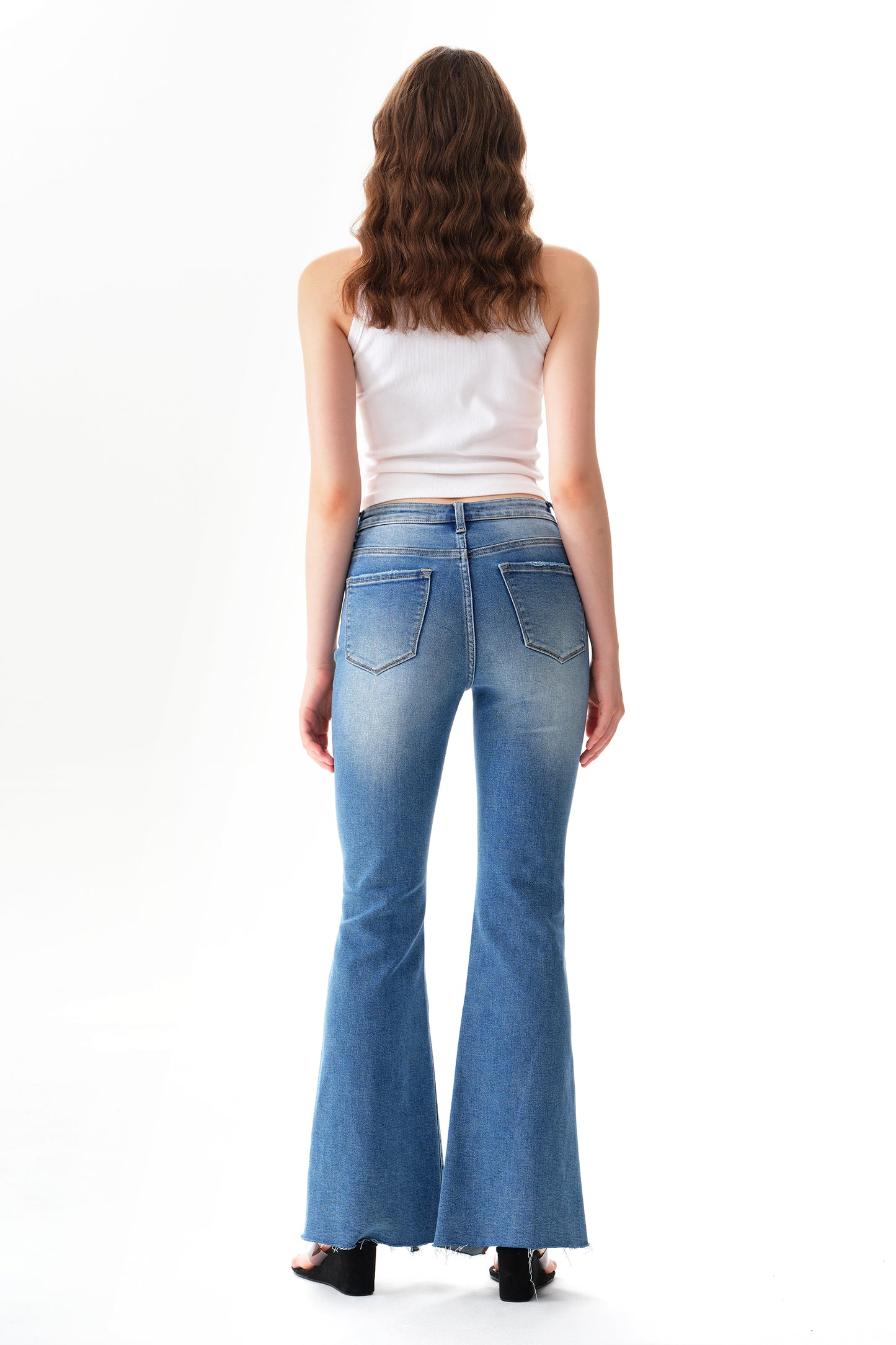 High Rise Flare Jeans with Split Raw-Edge Cuffs OSF1100