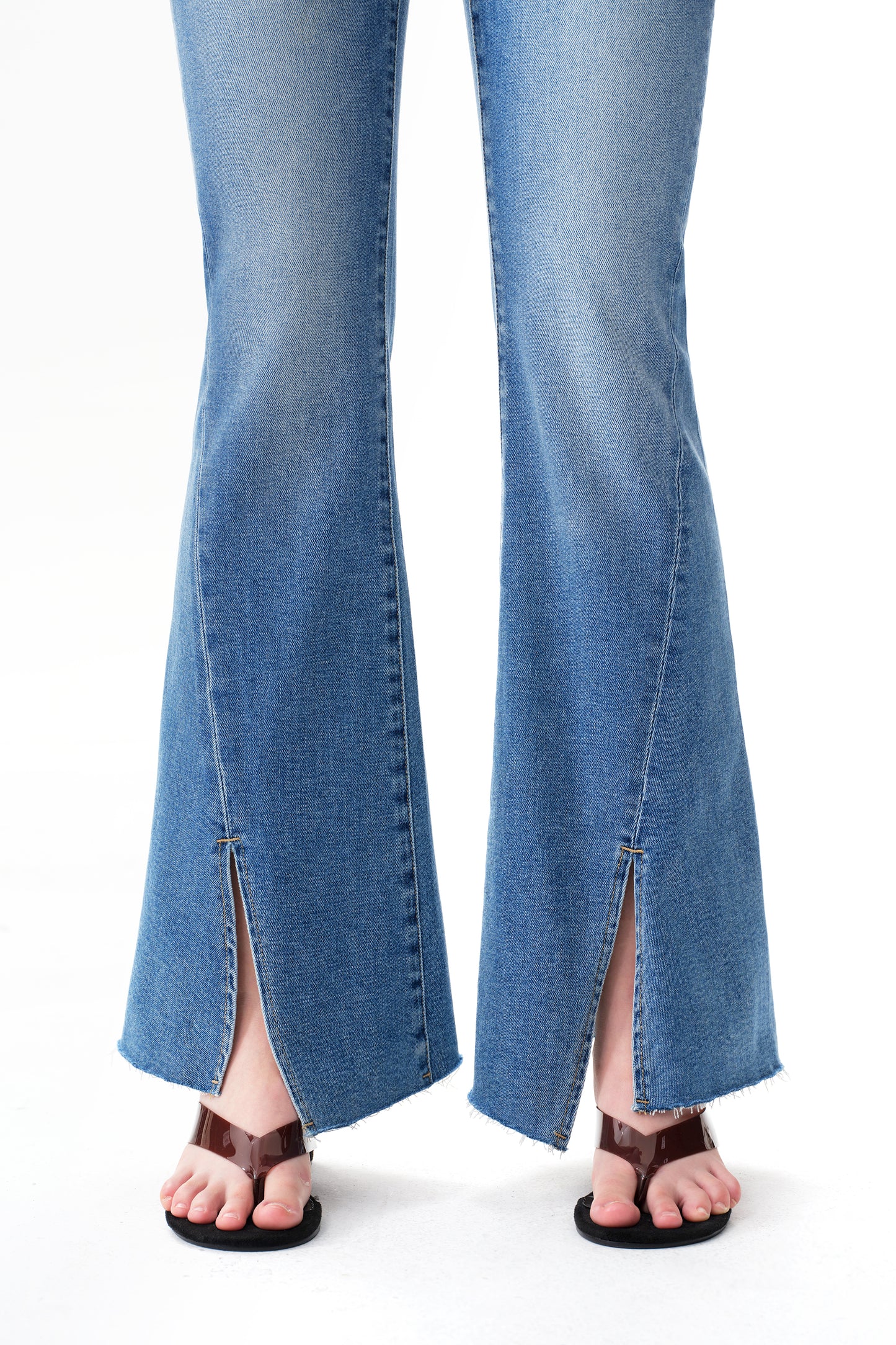 High Rise Flare Jeans with Split Raw-Edge Cuffs OSF1100