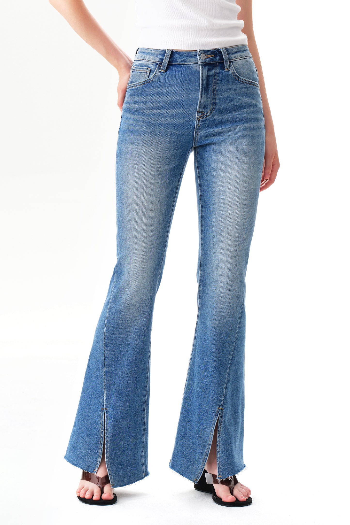 High Rise Flare Jeans with Split Raw-Edge Cuffs OSF1100