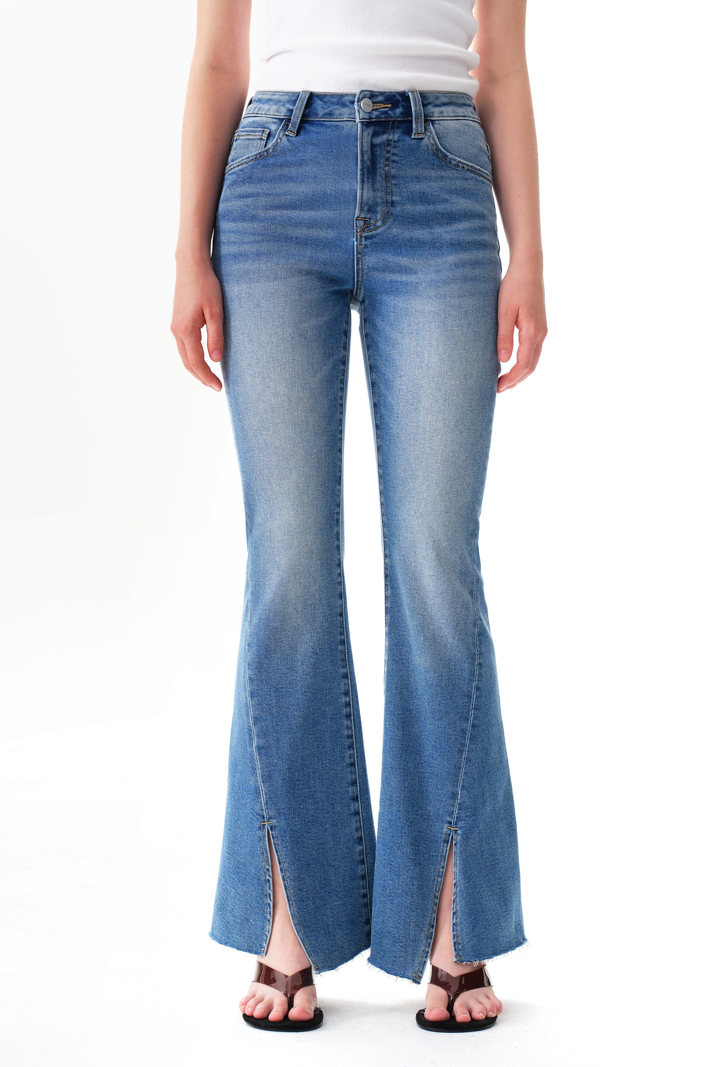 High Rise Flare Jeans with Split Raw-Edge Cuffs OSF1100
