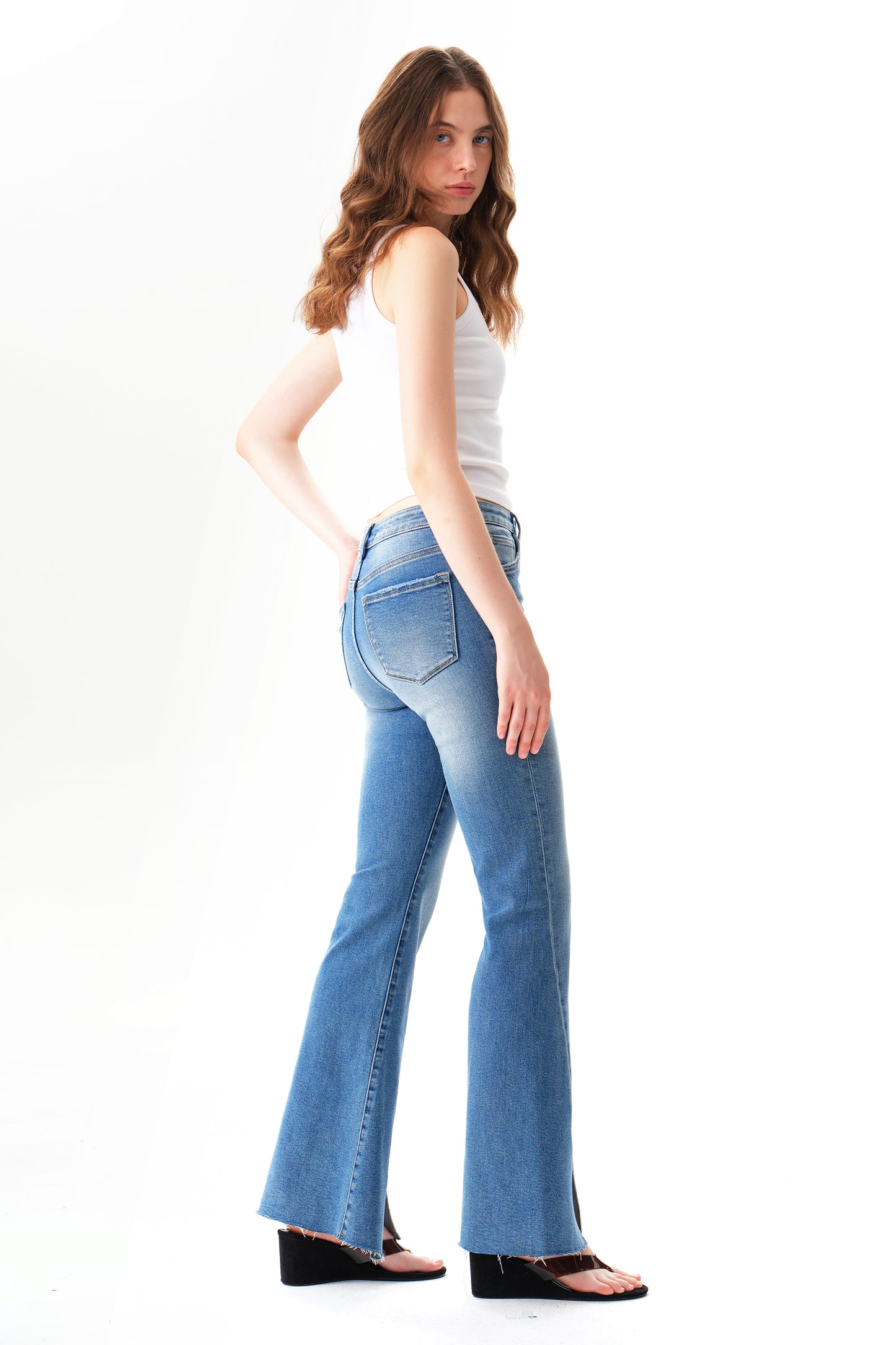 High Rise Flare Jeans with Split Raw-Edge Cuffs OSF1100