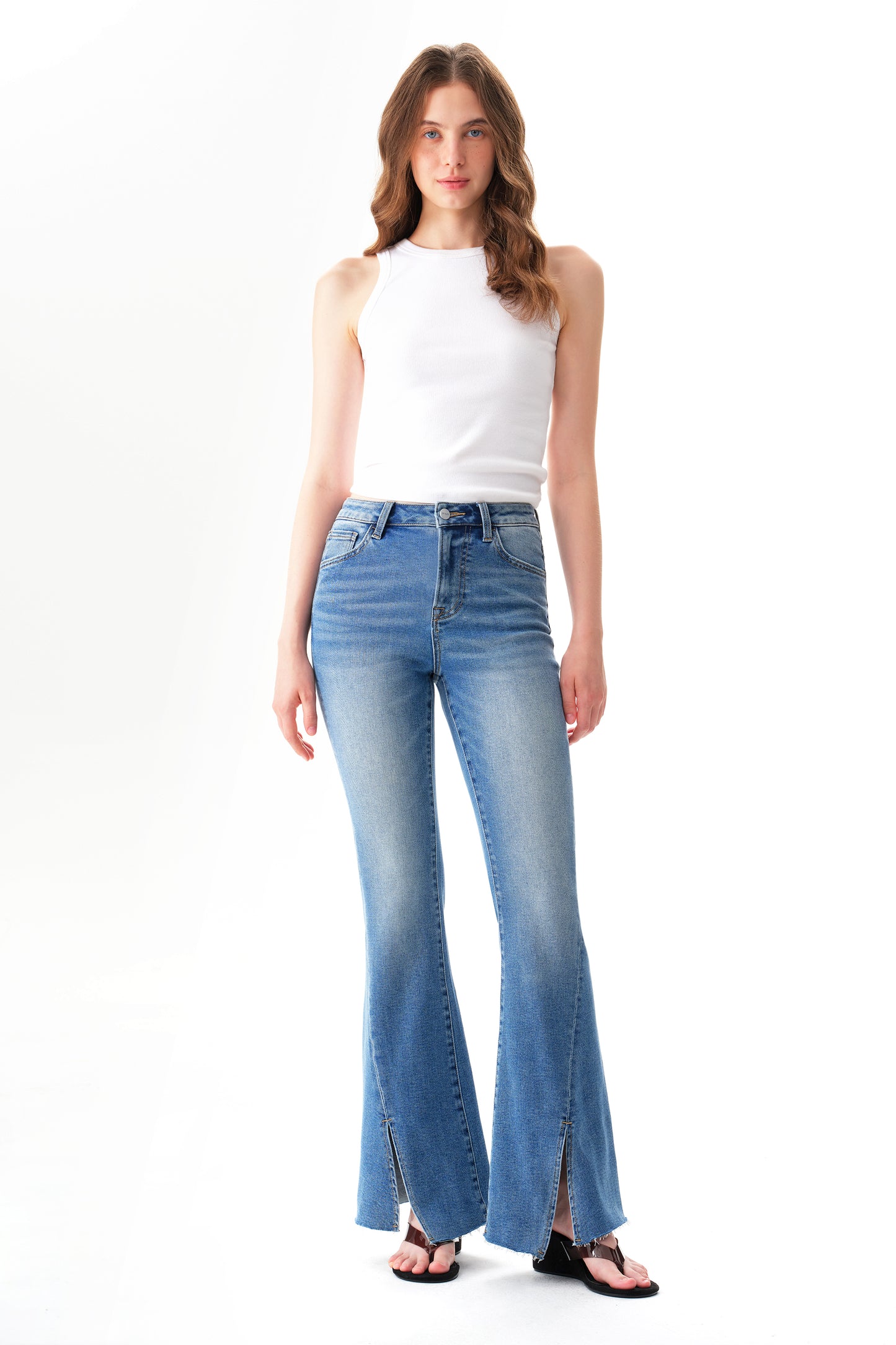 High Rise Flare Jeans with Split Raw-Edge Cuffs OSF1100