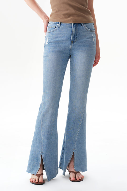 Front Hem Slit High Rise Flare Denim Jeans OSF1145EC