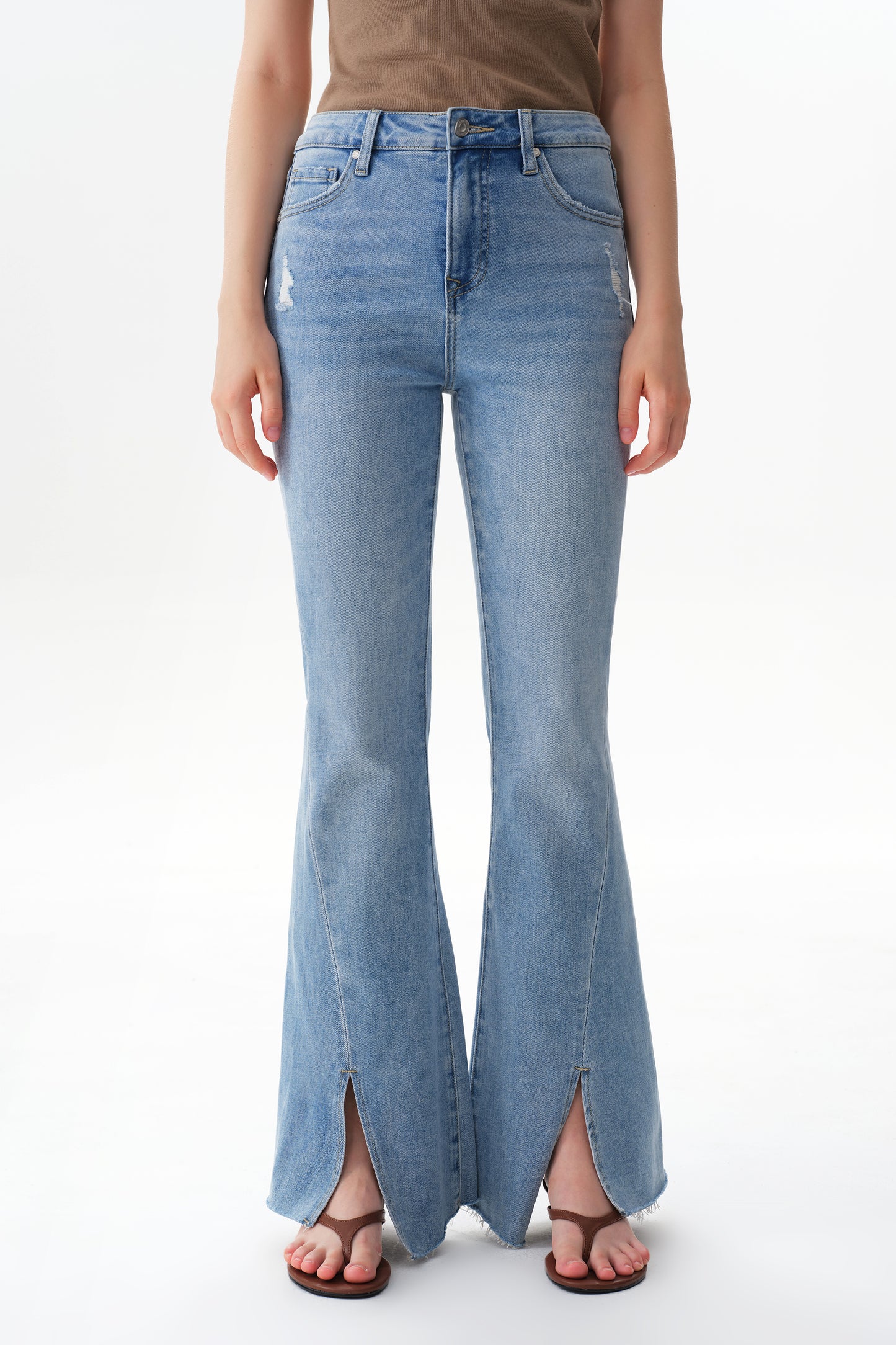 Front Hem Slit High Rise Flare Denim Jeans OSF1145EC