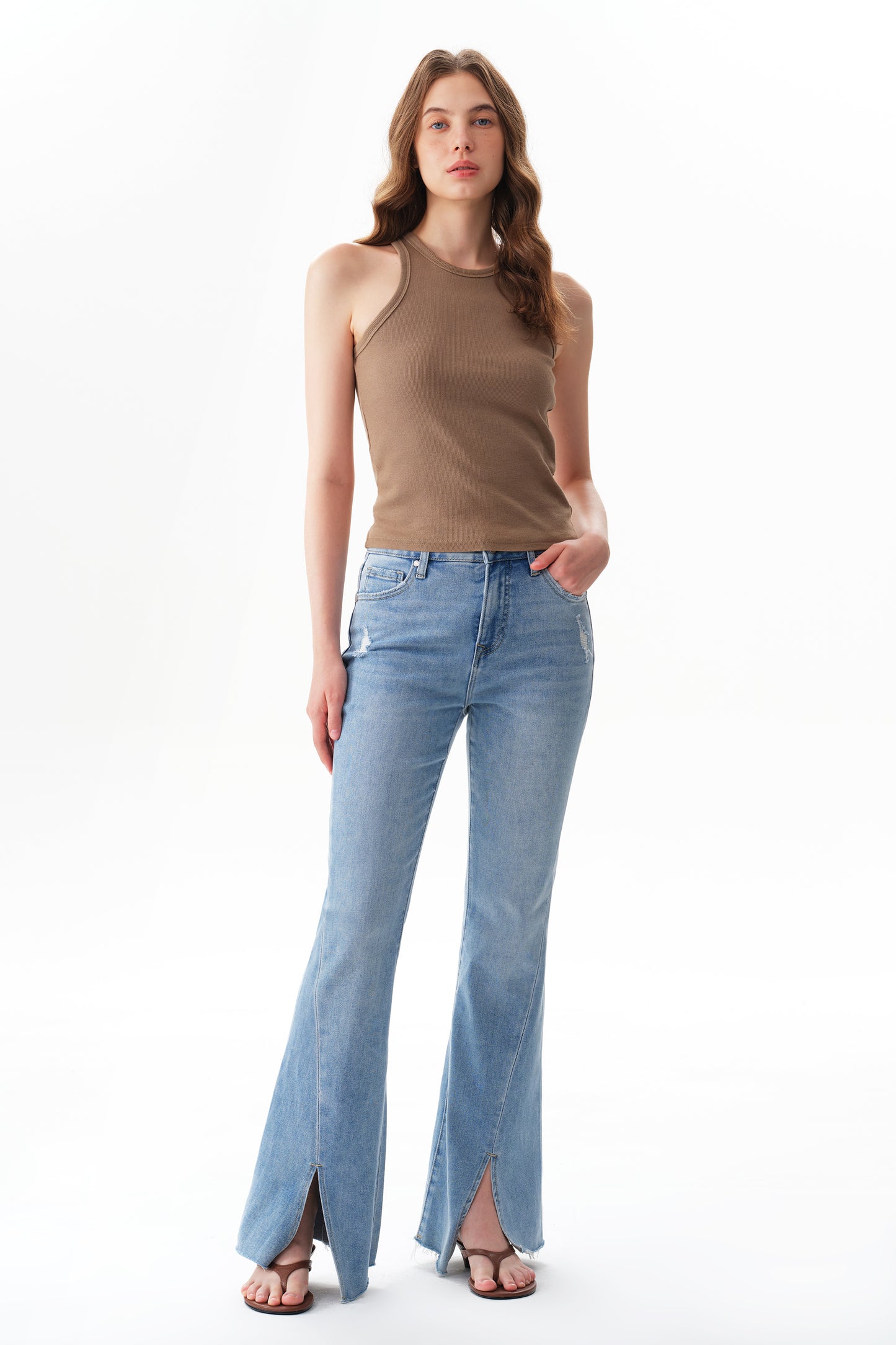 Front Hem Slit High Rise Flare Denim Jeans OSF1145EC