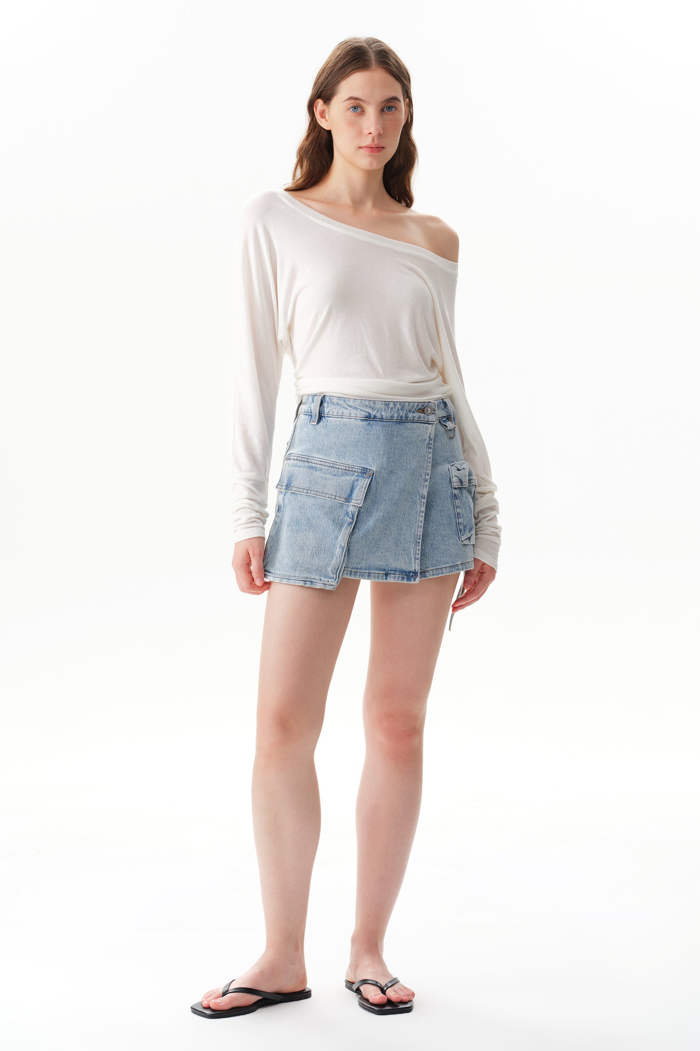 Asymmetrical Design  High Rise Cargo Denim Shorts OSH6003