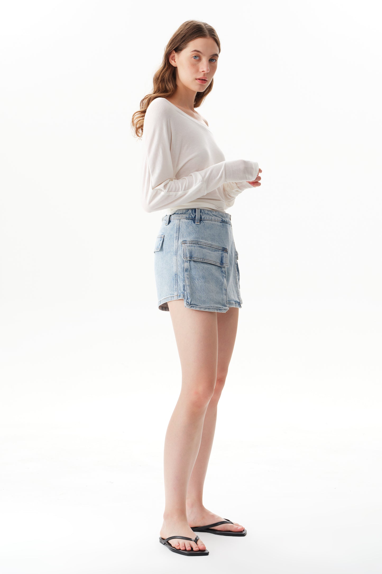 Asymmetrical Design  High Rise Cargo Denim Shorts OSH6003