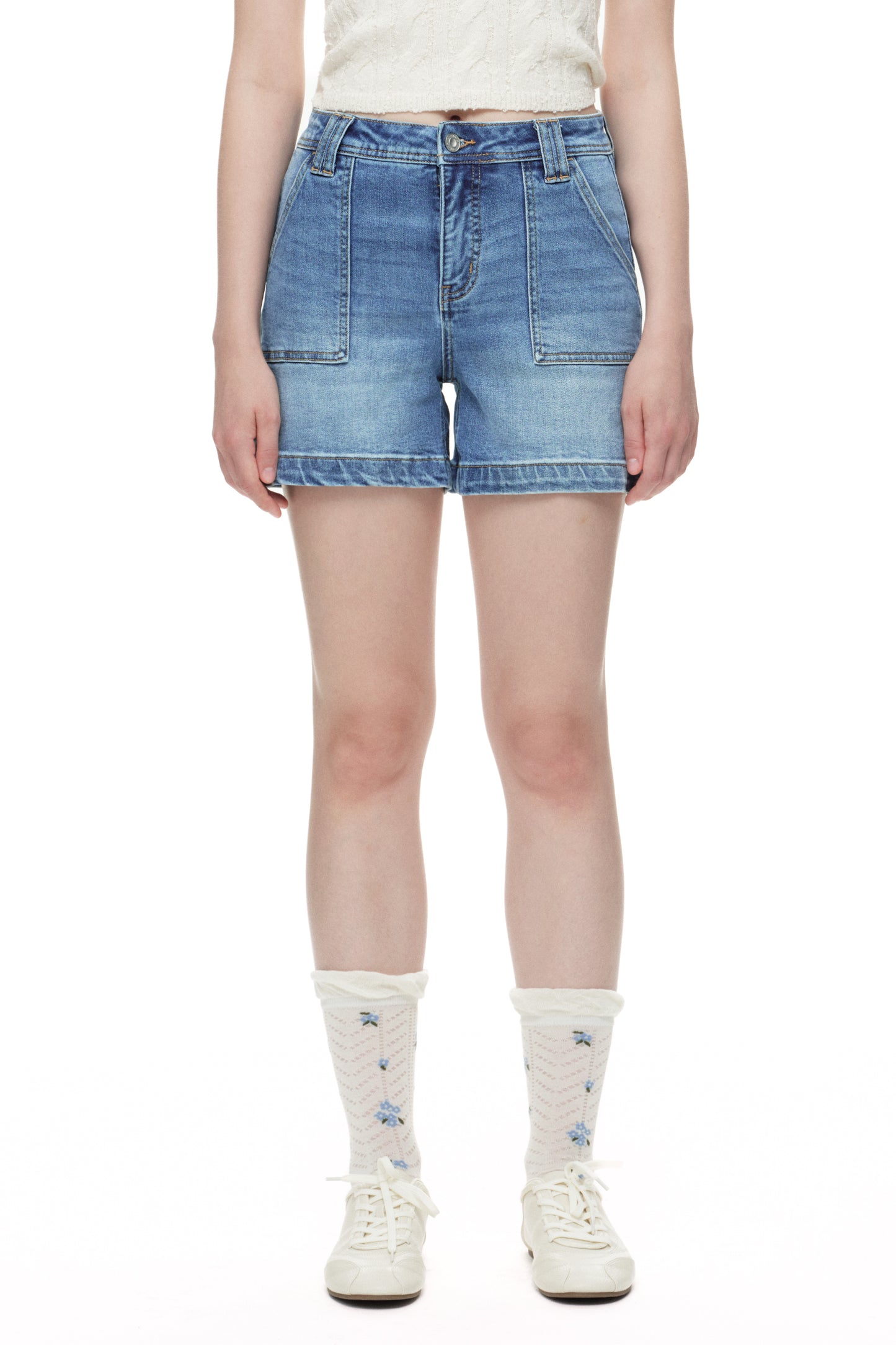 High Rise Denim Shorts with Patch Pockets OSH6015