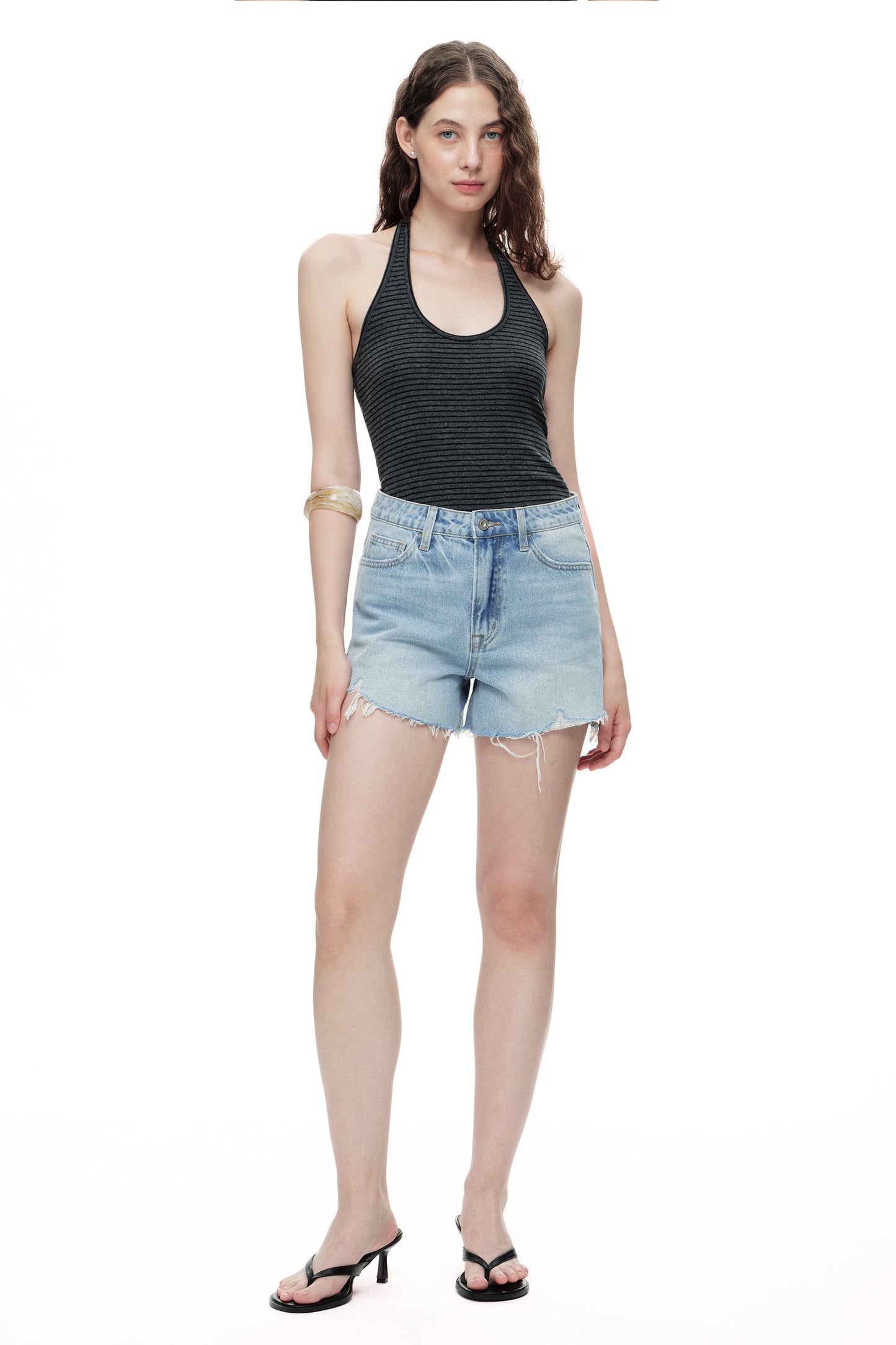 Frayed Raw Hem High Rise Denim Shorts OSH6107