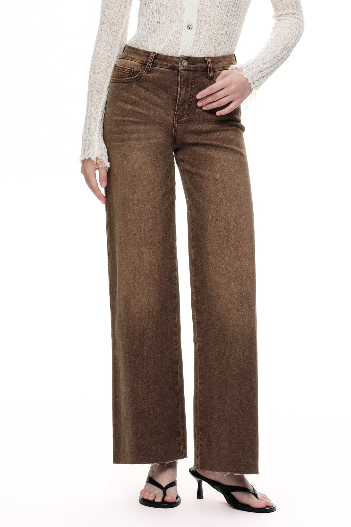 Mid Rise Wide Leg Jeans Raw Hem Vintage Denim OSW8019