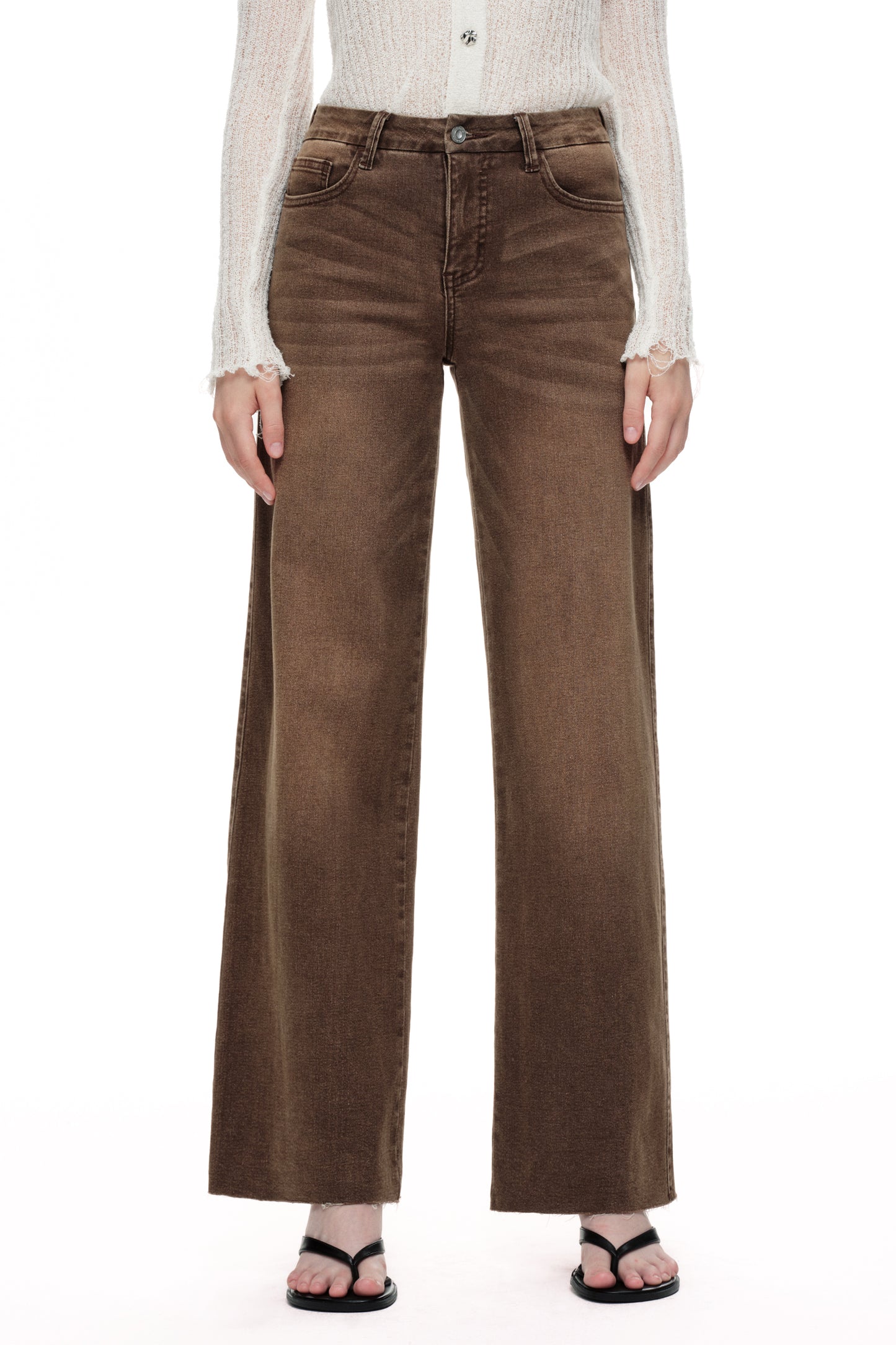 Mid Rise Wide Leg Jeans Raw Hem Vintage Denim OSW8019