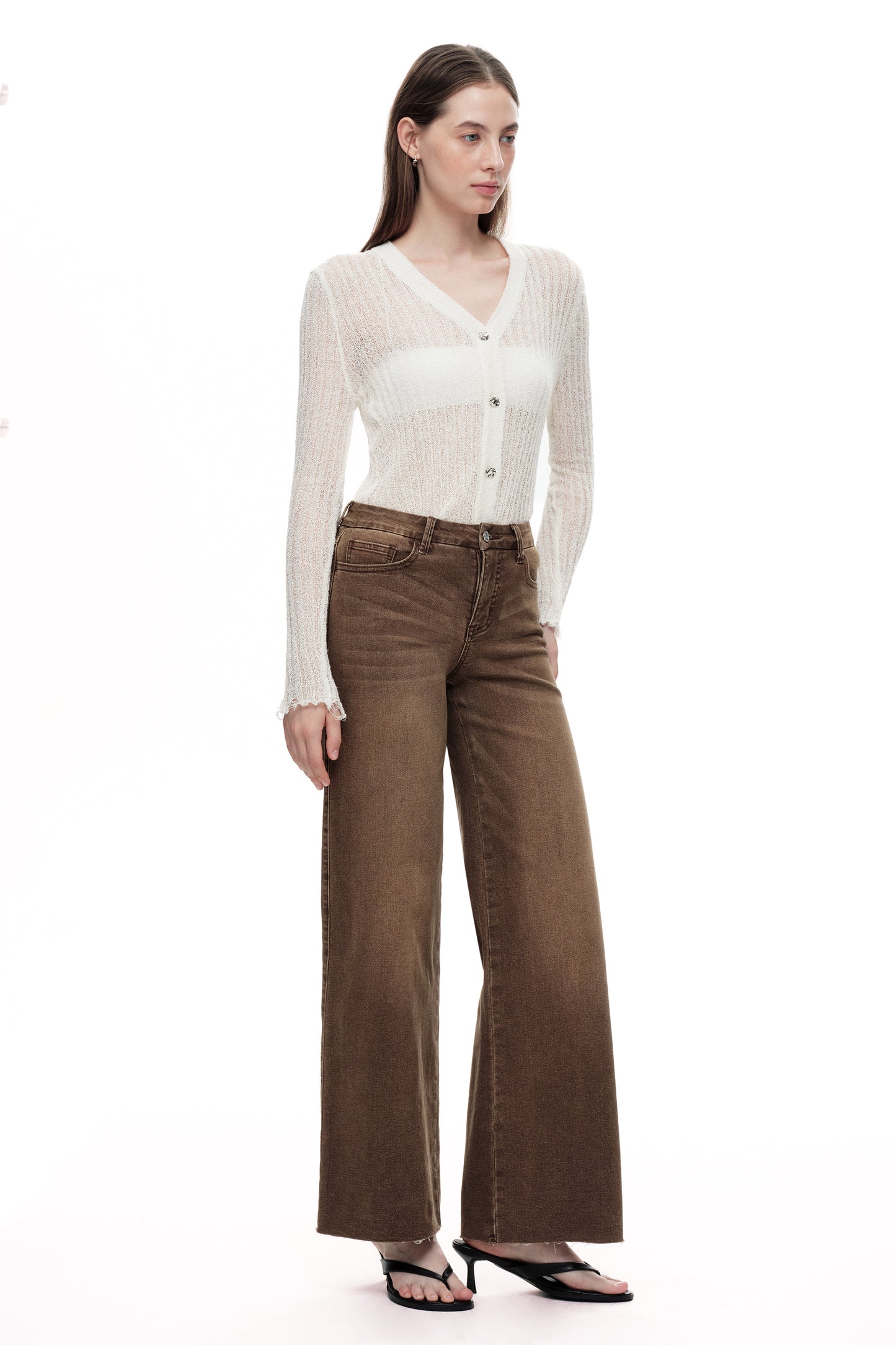 Mid Rise Wide Leg Jeans Raw Hem Vintage Denim OSW8019