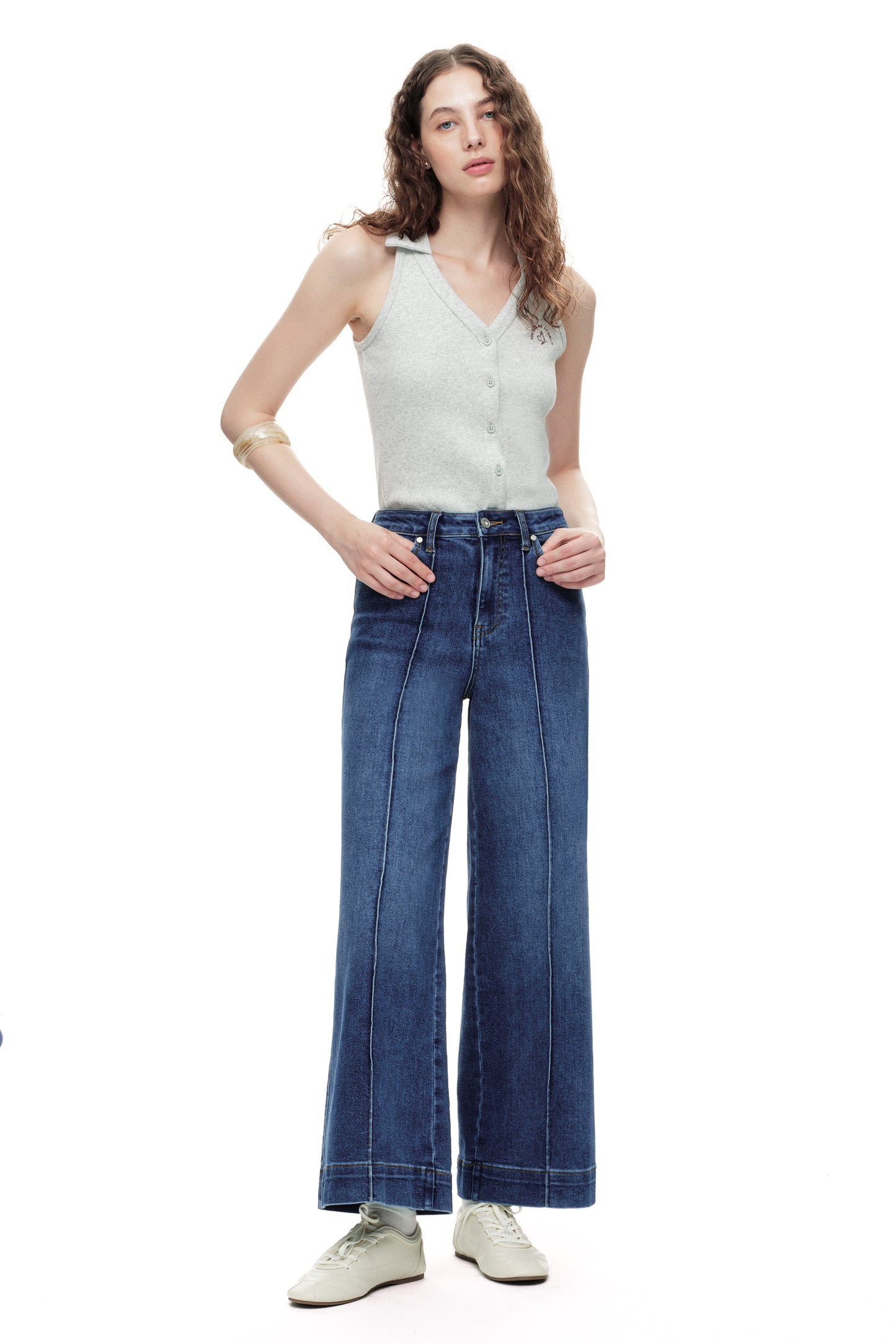 High Rise Wide Leg Denim Jeans with  Front Seams OSW8025EC