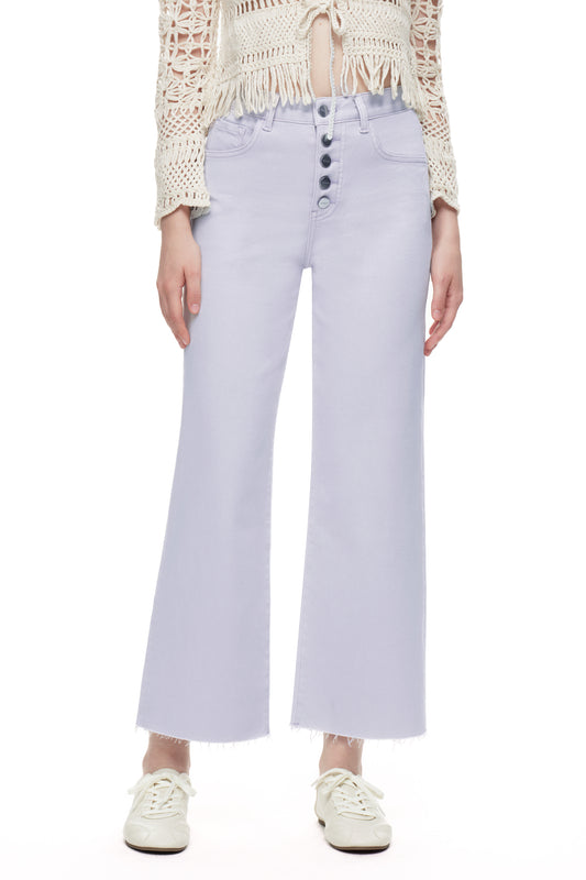 Cropped High Rise Wide Leg Jeans with Button-Fly Raw Hem OSN003