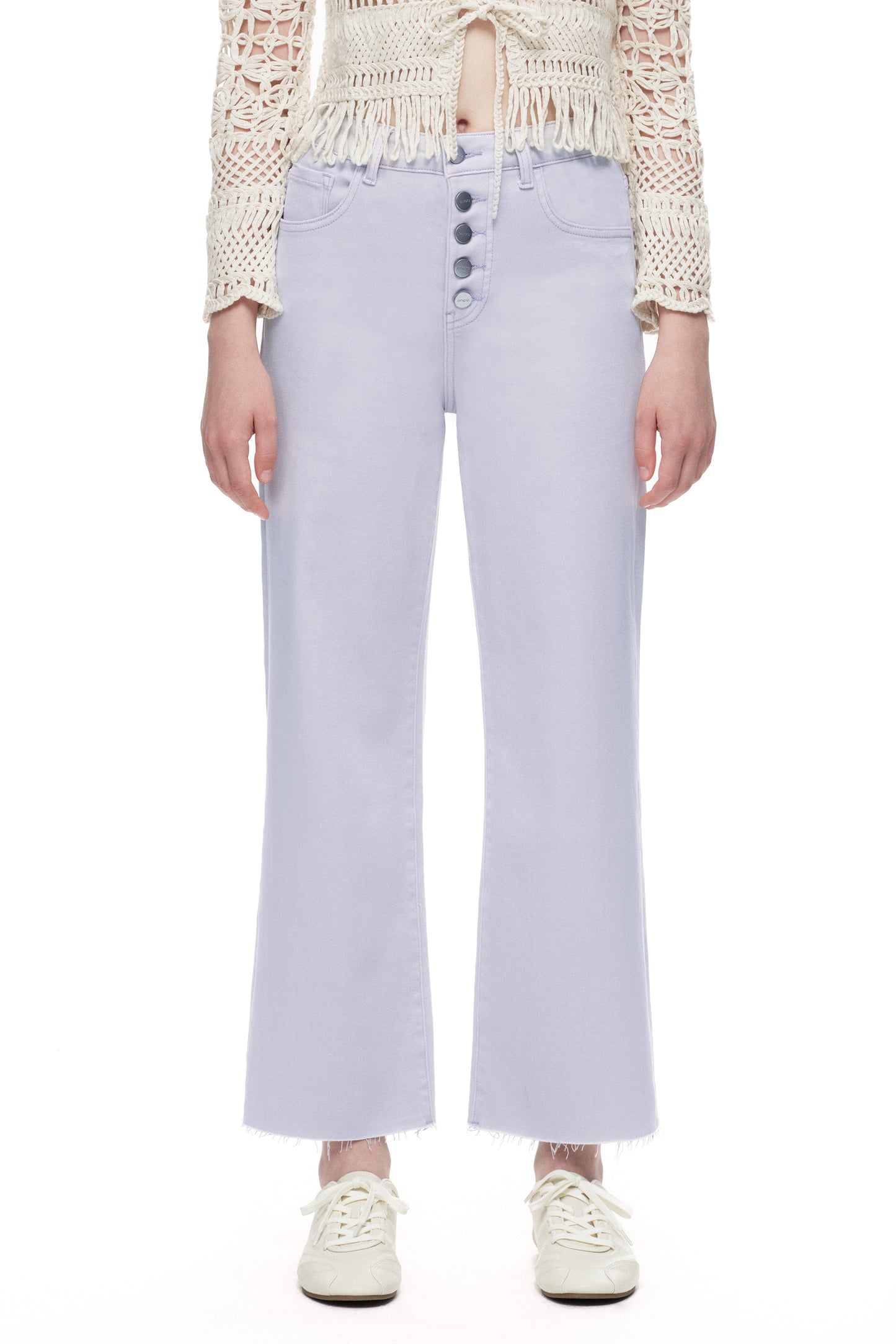 Cropped High Rise Wide Leg Jeans with Button-Fly Raw Hem OSN003