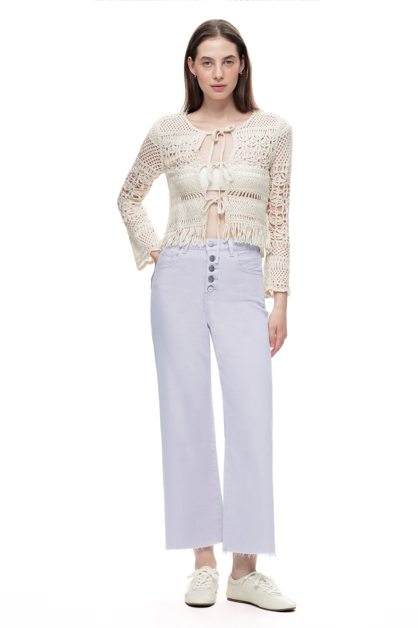 Cropped High Rise Wide Leg Jeans with Button-Fly Raw Hem OSN003