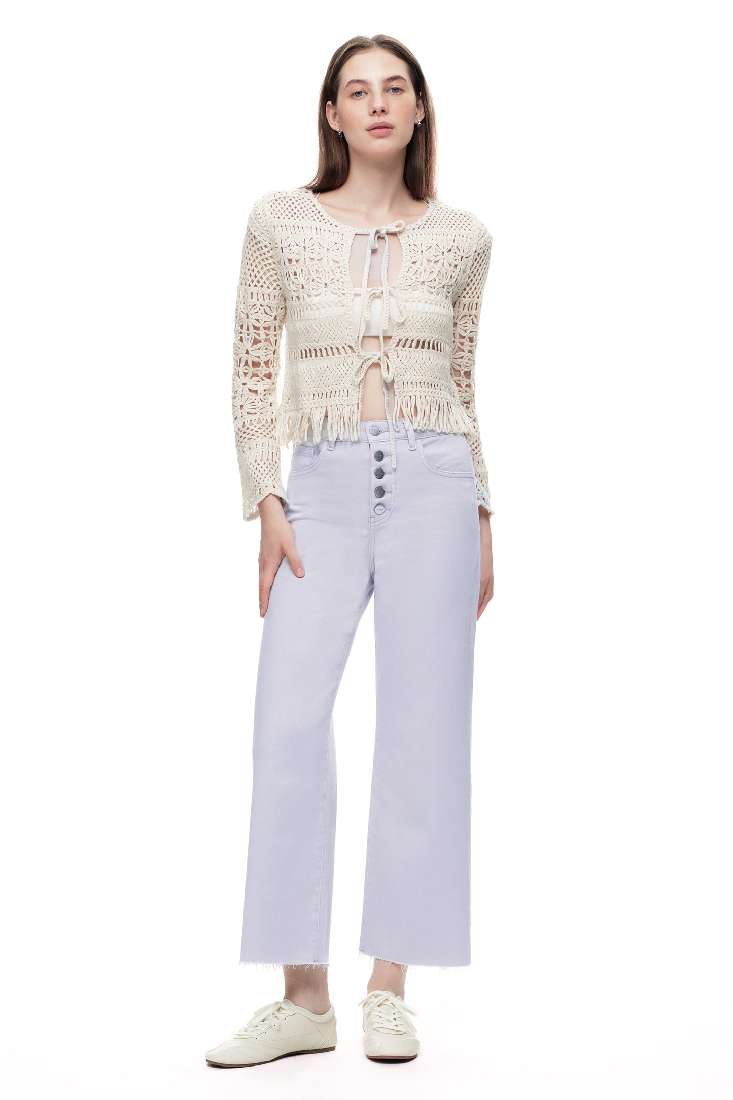 Cropped High Rise Wide Leg Jeans with Button-Fly Raw Hem OSN003
