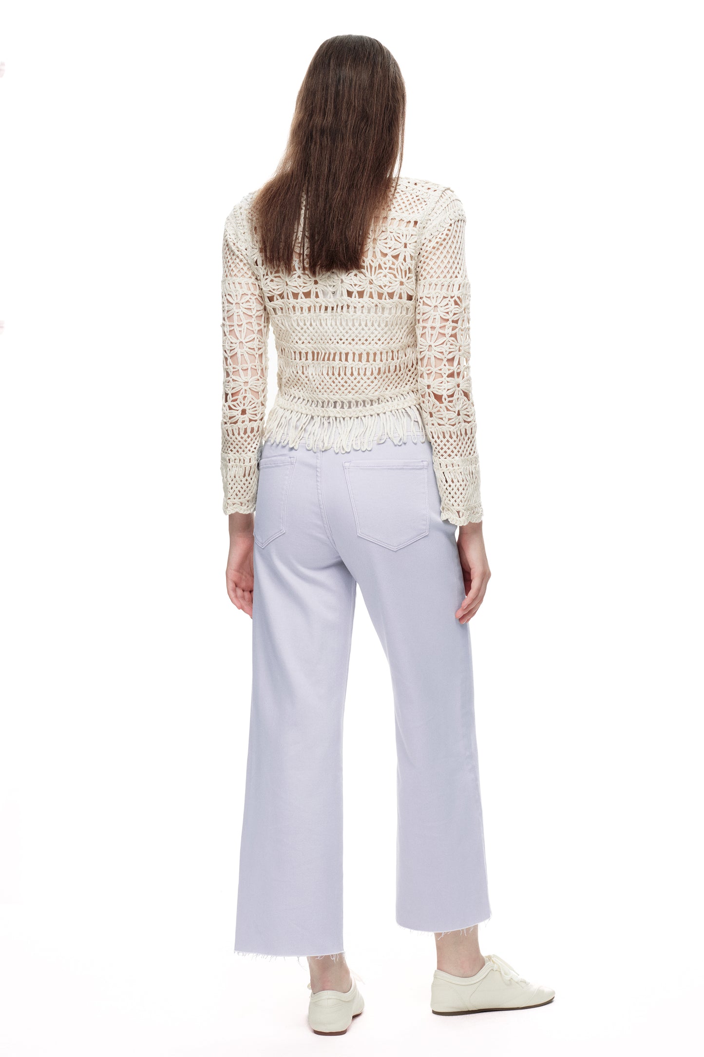 Cropped High Rise Wide Leg Jeans with Button-Fly Raw Hem OSN003